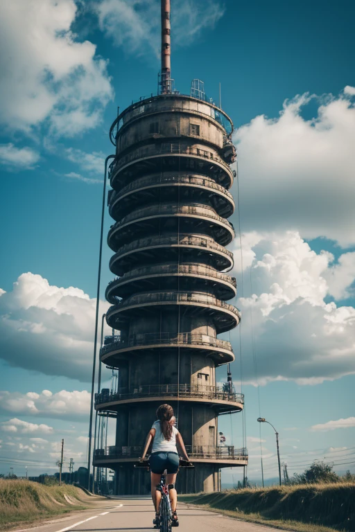 a girl rides a bicycle, in running shorts, short shorts, a very creepy looking tower with lots of tubes and pipes all over the place, no humans, sky, cloud, scenery, cable, industrial pipe