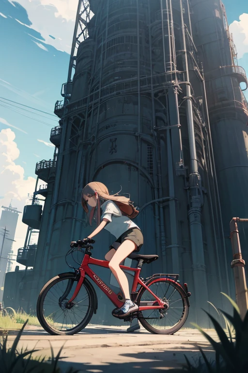 a girl rides a bicycle, in running shorts, short shorts, a very creepy looking tower with lots of tubes and pipes all over the place, no humans, sky, cloud, scenery, cable, industrial pipe