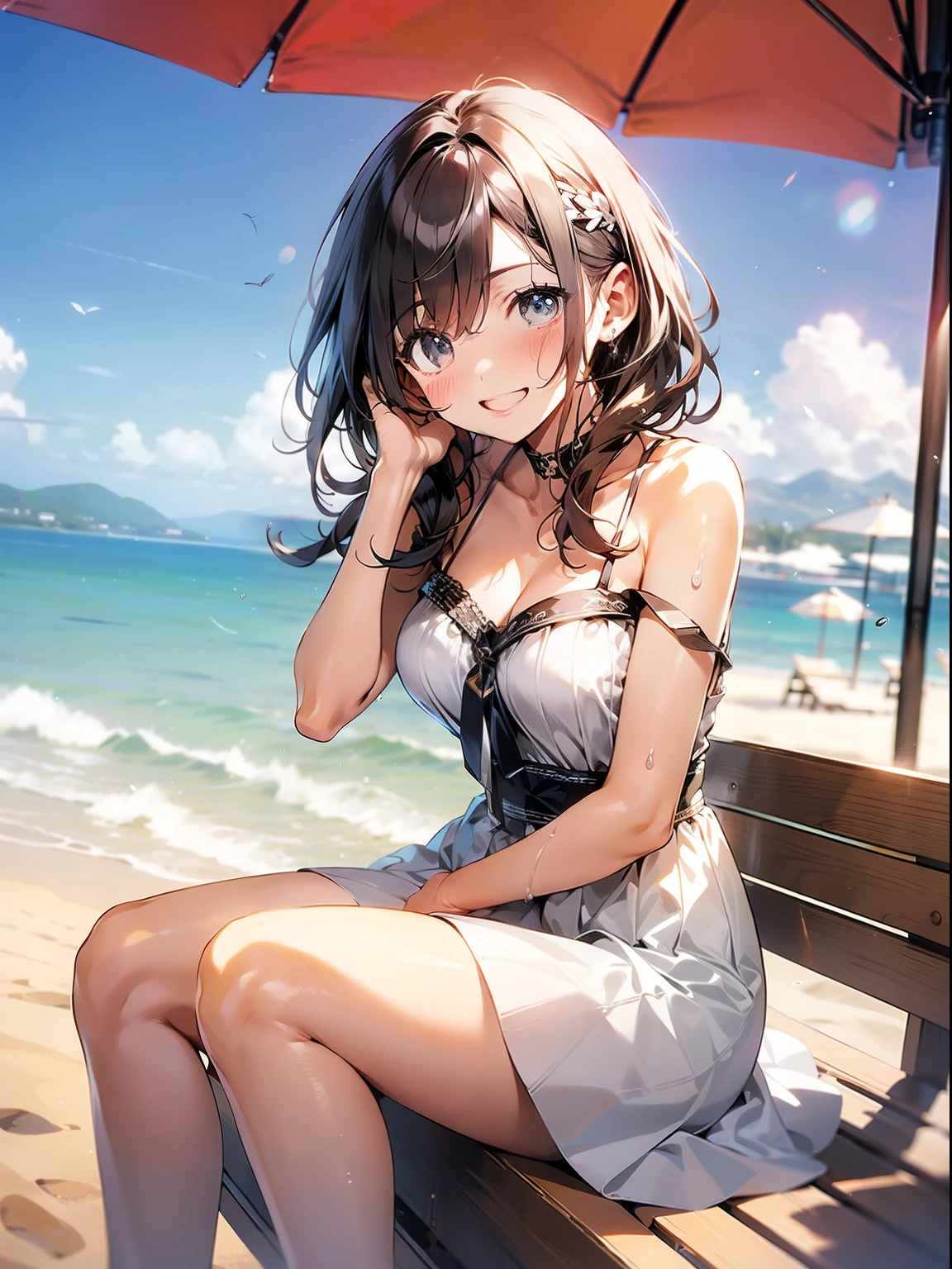 In 8K、highest quality、masterpiece、super detailed、ultra high resolution、anime style、1 woman、white sand beach、white dress、Lens flare