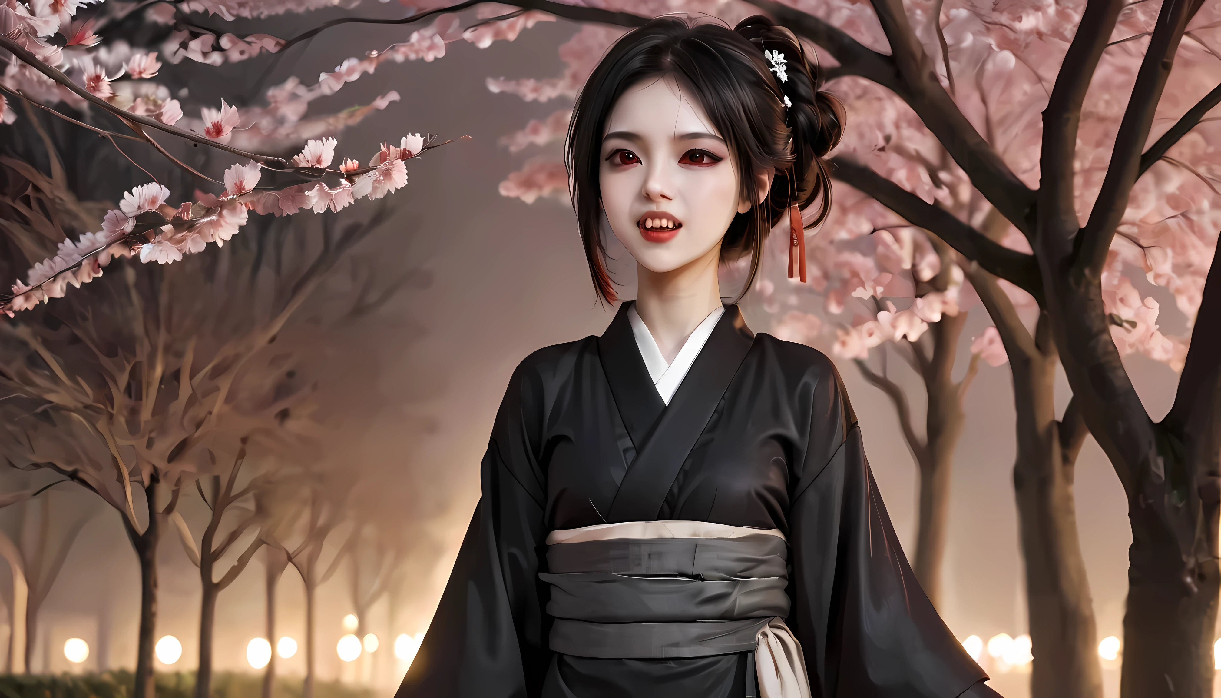 ((vampire_fangs:1.5), ((vampire teeth)), ((vampire skin):1.1), Outline with black ink, smooth lines, Express expressions and postures through ink contrast, The background is Sakura tree park at night. emphasize light, shadow and space. Drawing of Pretty Japanese Vampire. Black hair, (braided hairstyle), ((vampire laugh):1.5), ((red eye):1.2), golden ratio face, perfect face, wearing vampire kimono dress, fine art piece, figurative art, Dress neatly. sexy painting, Wallop | (best quality, 4K, 8k, high resolution,masterpiece:1.2) ,(actual, photoactual, photo-actual:1.37), (intricate detail:1.4), (extremely insane detail:1.4), (highest quality:1.3), (photorealistic:1.9), | ((perfect_pose)), perfect_fingers, perfect_legs, perfect_hands, More Detail.