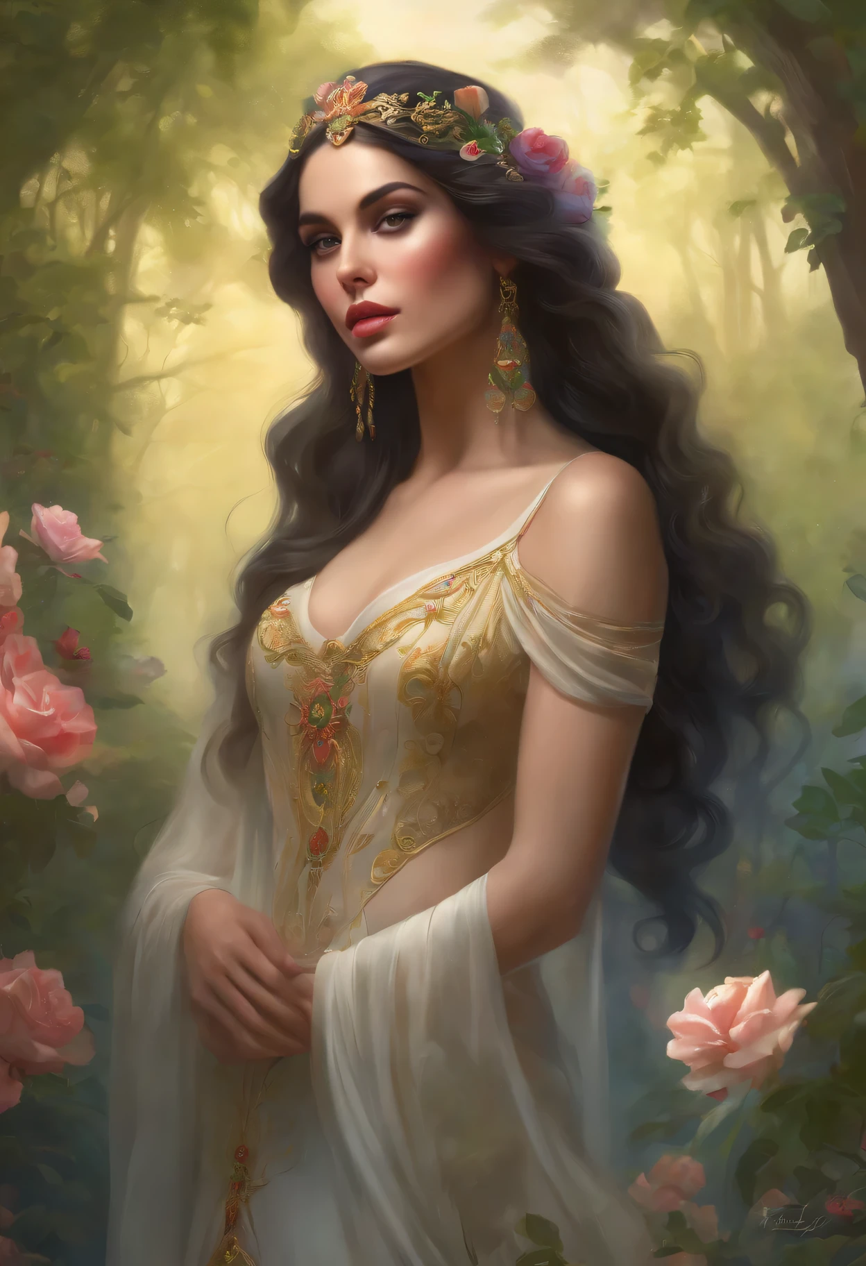lisa frank art color, cuerpo completo, full body, senos grandes, nalgas grandes, mujer, multicolored long hair, multicolored aurora, art face by tom bagshaw, emile vernon style, fullbody dynamic movement pose, beautiful woman with long hair, gold jewellery, oil painting, fantasy, intricate, intricate stunning highly detailed girl by artgerm and edouard bisson, beautiful elegant, fantasy, flowers, forest, highly detailed, digital airbrush, photorealistic, octane render, black hair, black lips, gothic, rapunzel cabellos largos, cabellos largos dorados, cabellos largos color oro, pelo largo, digital painting, soft skin wide eyes watercolor, style, sketch, watercolor paiting, watercolor artist, portrait of a girl, vintage cartoon, ghibli, artgerm, wlop, alphonse mucha dynamic lighting hyperdetailed intricately detailed splash art trending on artstation triadic colors unreal engine 5 volumetric lighting, Transparent clothing, slight smile,, open legs, view of pubic hair, 1 sexy girl in transparent forest clothes,exposed breasts, open transparent t-shirt,mandala and flower tattoos, La mejor calidad,