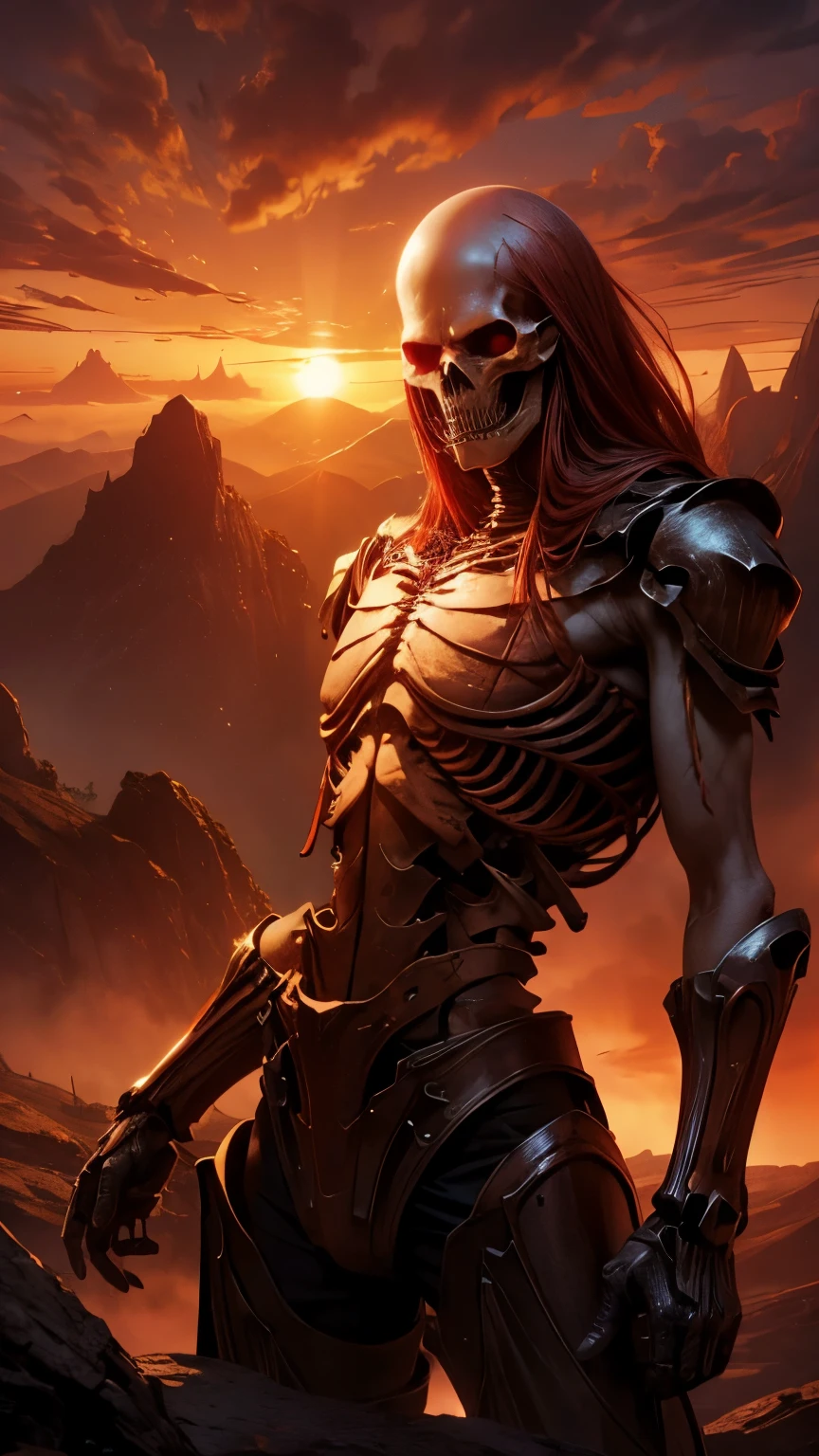 fantasy world, Beautiful sunset, huge titan skeleton, eyes glow red, ((Epic Art)), (8K)