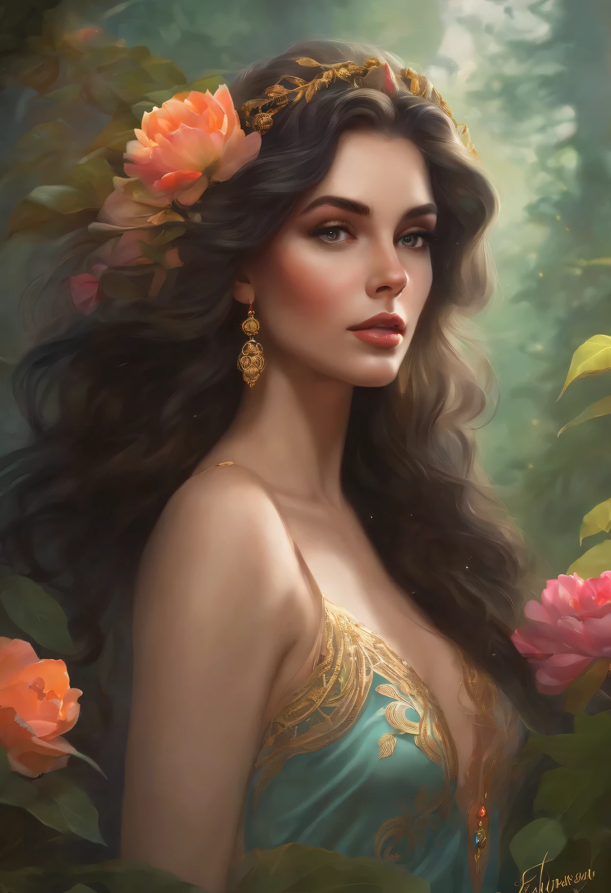 lisa frank art color, cuerpo completo, full body, senos grandes, nalgas grandes, mujer, multicolored long hair, multicolored aurora, art face by tom bagshaw, emile vernon style, fullbody dynamic movement pose, beautiful woman with long hair, gold jewellery, oil painting, fantasy, intricate, intricate stunning highly detailed girl by artgerm and edouard bisson, beautiful elegant, fantasy, flowers, forest, highly detailed, digital airbrush, photorealistic, octane render, black hair, black lips, gothic, rapunzel cabellos largos, cabellos largos dorados, cabellos largos color oro, pelo largo, digital painting, soft skin wide eyes watercolor, style, sketch, watercolor paiting, watercolor artist, portrait of a girl, vintage cartoon, ghibli, artgerm, wlop, alphonse mucha dynamic lighting hyperdetailed intricately detailed splash art trending on artstation triadic colors unreal engine 5 volumetric lighting, Transparent clothing, slight smile,, open legs, view of pubic hair, 1 sexy girl in transparent forest clothes,exposed breasts, open transparent t-shirt,mandala and flower tattoos, La mejor calidad,