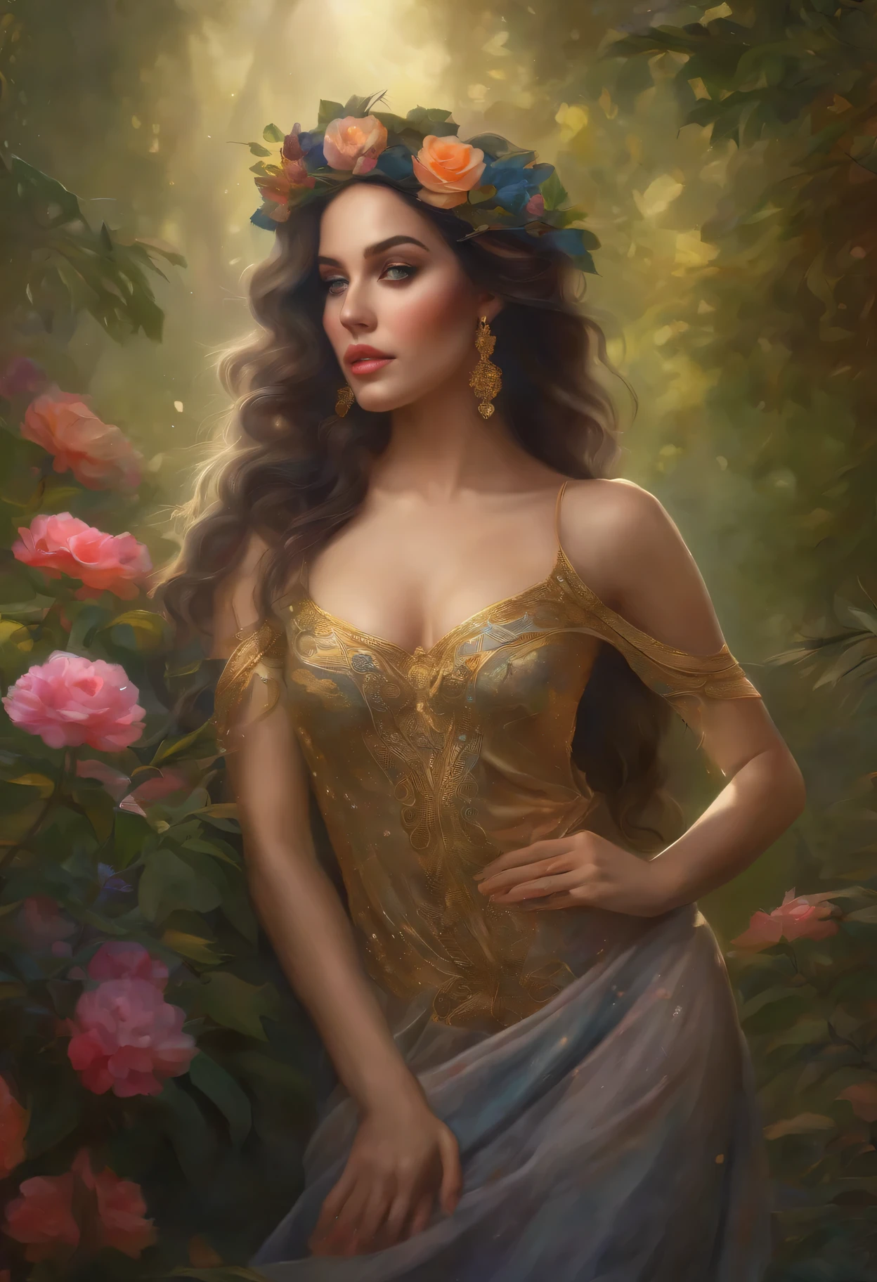 lisa frank art color, cuerpo completo, full body, senos grandes, nalgas grandes, mujer, multicolored long hair, multicolored aurora, art face by tom bagshaw, emile vernon style, fullbody dynamic movement pose, beautiful woman with long hair, gold jewellery, oil painting, fantasy, intricate, intricate stunning highly detailed girl by artgerm and edouard bisson, beautiful elegant, fantasy, flowers, forest, highly detailed, digital airbrush, photorealistic, octane render, black hair, black lips, gothic, rapunzel cabellos largos, cabellos largos dorados, cabellos largos color oro, pelo largo, digital painting, soft skin wide eyes watercolor, style, sketch, watercolor paiting, watercolor artist, portrait of a girl, vintage cartoon, ghibli, artgerm, wlop, alphonse mucha dynamic lighting hyperdetailed intricately detailed splash art trending on artstation triadic colors unreal engine 5 volumetric lighting, Transparent clothing, slight smile,, open legs, view of pubic hair, 1 sexy girl in transparent forest clothes,exposed breasts, open transparent t-shirt,mandala and flower tattoos, La mejor calidad,