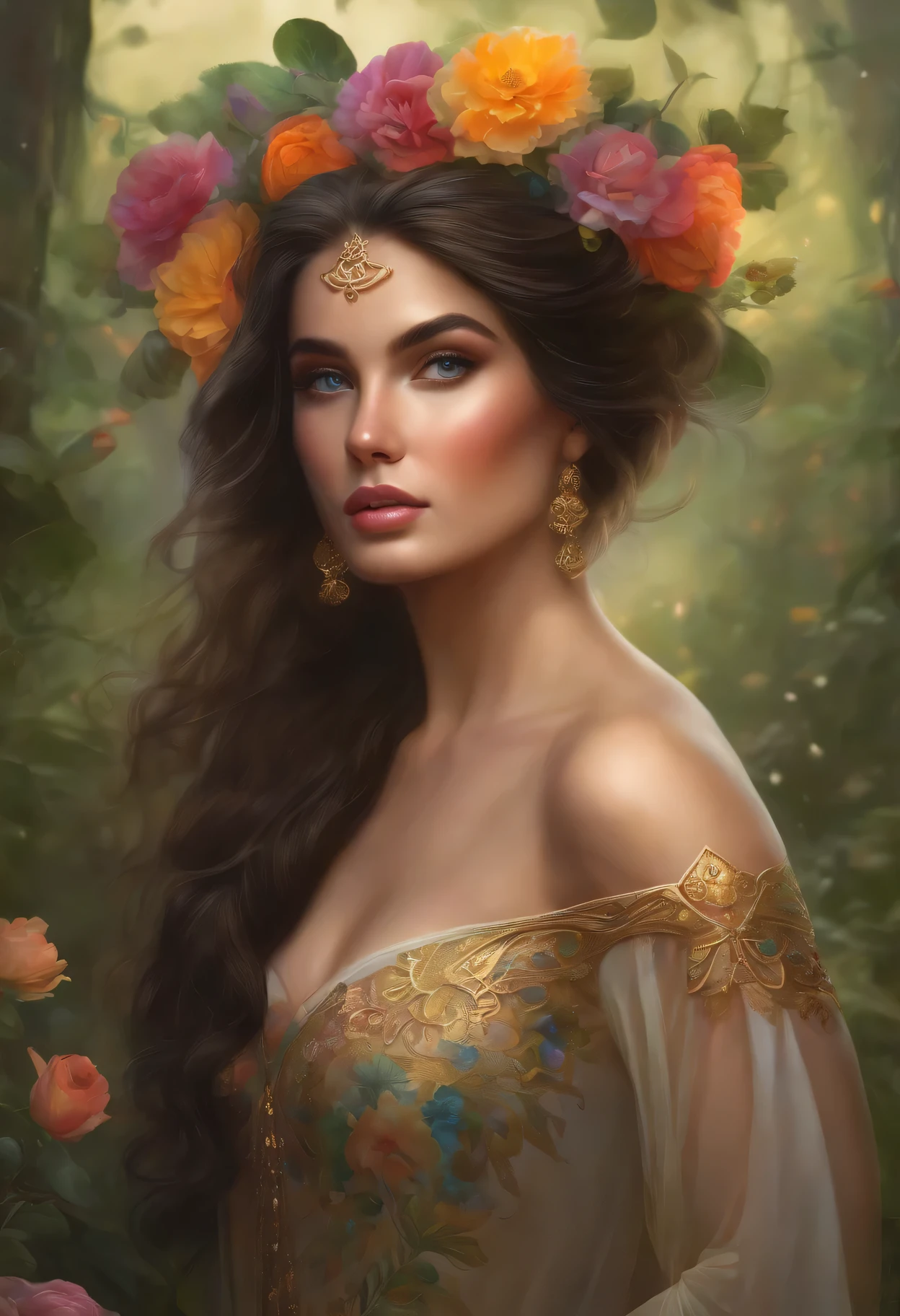 lisa frank art color, cuerpo completo, full body, senos grandes, nalgas grandes, mujer, multicolored long hair, multicolored aurora, art face by tom bagshaw, emile vernon style, fullbody dynamic movement pose, beautiful woman with long hair, gold jewellery, oil painting, fantasy, intricate, intricate stunning highly detailed girl by artgerm and edouard bisson, beautiful elegant, fantasy, flowers, forest, highly detailed, digital airbrush, photorealistic, octane render, black hair, black lips, gothic, rapunzel cabellos largos, cabellos largos dorados, cabellos largos color oro, pelo largo, digital painting, soft skin wide eyes watercolor, style, sketch, watercolor paiting, watercolor artist, portrait of a girl, vintage cartoon, ghibli, artgerm, wlop, alphonse mucha dynamic lighting hyperdetailed intricately detailed splash art trending on artstation triadic colors unreal engine 5 volumetric lighting, Transparent clothing, slight smile,, open legs, view of pubic hair, 1 sexy girl in transparent forest clothes,exposed breasts, open transparent t-shirt,mandala and flower tattoos, La mejor calidad,
