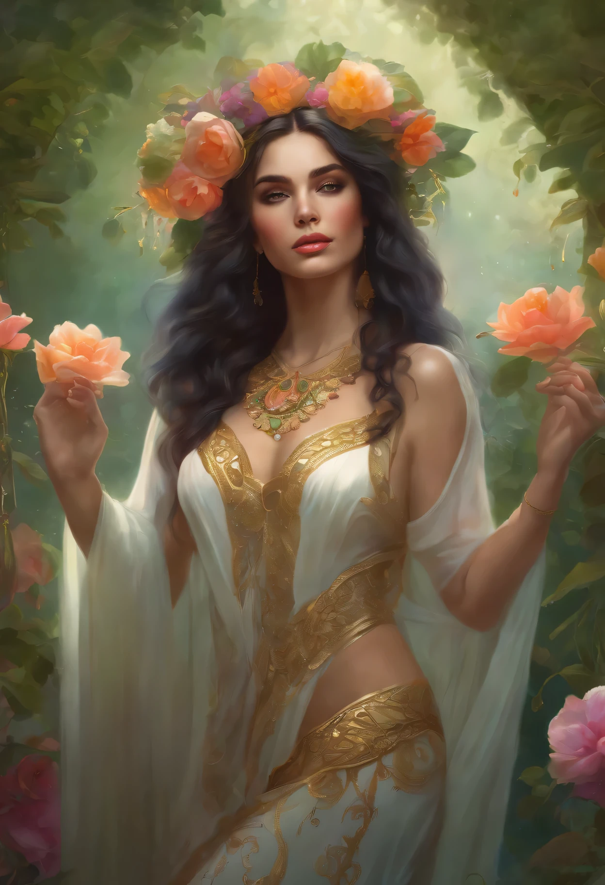 lisa frank art color, cuerpo completo, full body, senos grandes, nalgas grandes, mujer, multicolored long hair, multicolored aurora, art face by tom bagshaw, emile vernon style, fullbody dynamic movement pose, beautiful woman with long hair, gold jewellery, oil painting, fantasy, intricate, intricate stunning highly detailed girl by artgerm and edouard bisson, beautiful elegant, fantasy, flowers, forest, highly detailed, digital airbrush, photorealistic, octane render, black hair, black lips, gothic, rapunzel cabellos largos, cabellos largos dorados, cabellos largos color oro, pelo largo, digital painting, soft skin wide eyes watercolor, style, sketch, watercolor paiting, watercolor artist, portrait of a girl, vintage cartoon, ghibli, artgerm, wlop, alphonse mucha dynamic lighting hyperdetailed intricately detailed splash art trending on artstation triadic colors unreal engine 5 volumetric lighting, Transparent clothing, slight smile,, open legs, view of pubic hair, 1 sexy girl in transparent forest clothes,exposed breasts, open transparent t-shirt,mandala and flower tattoos, La mejor calidad,