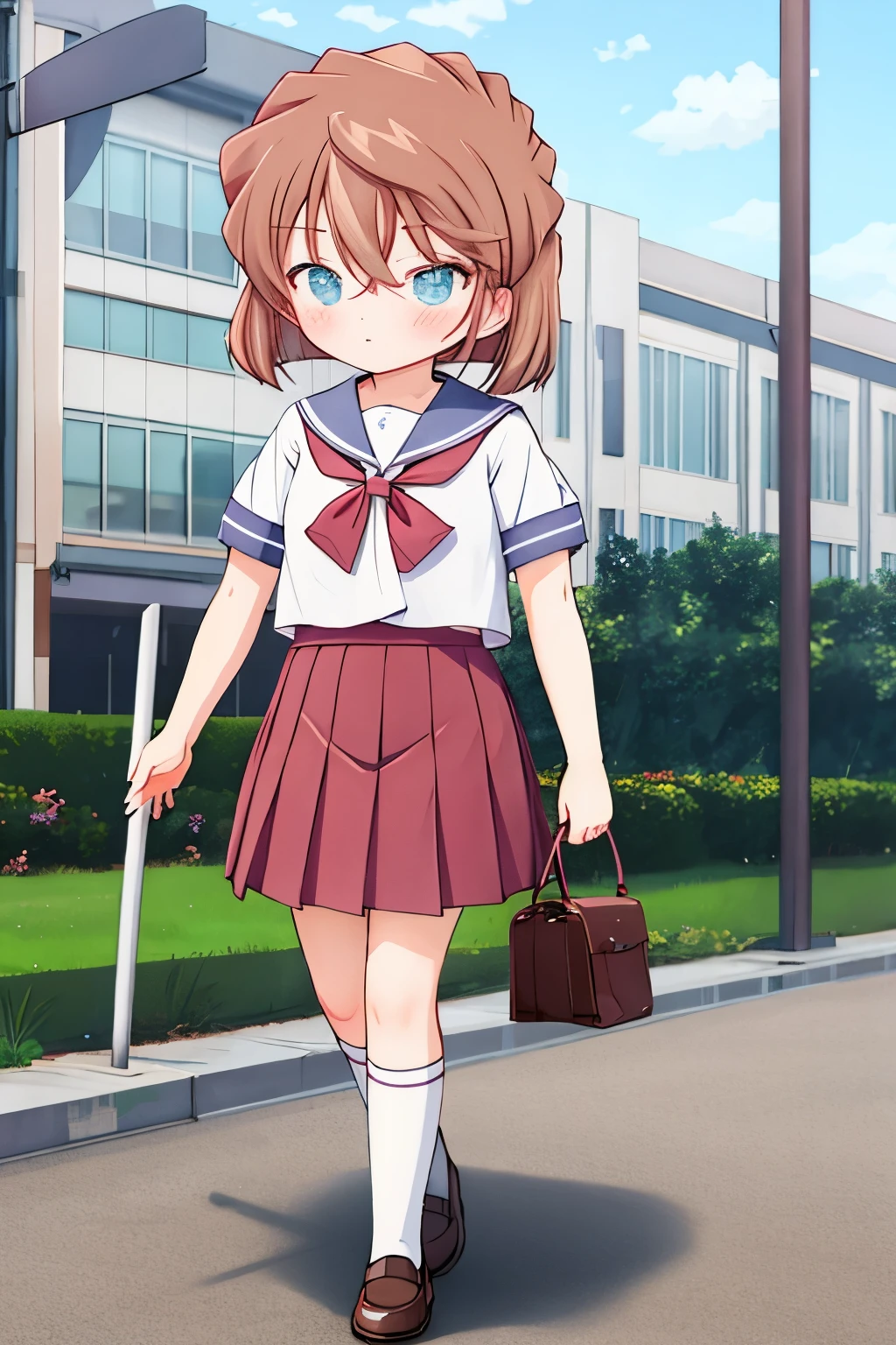 Aihara, short hair, brown hair, bangs, hair between eyes, blue eyes, school uniform, , embarrassing, blush, walk, city