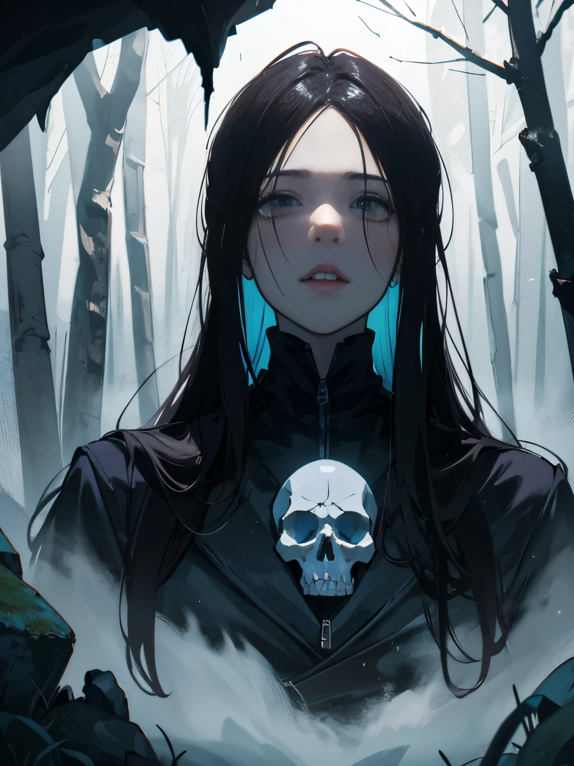 skulls in a foggy, gloomy forest, horror.