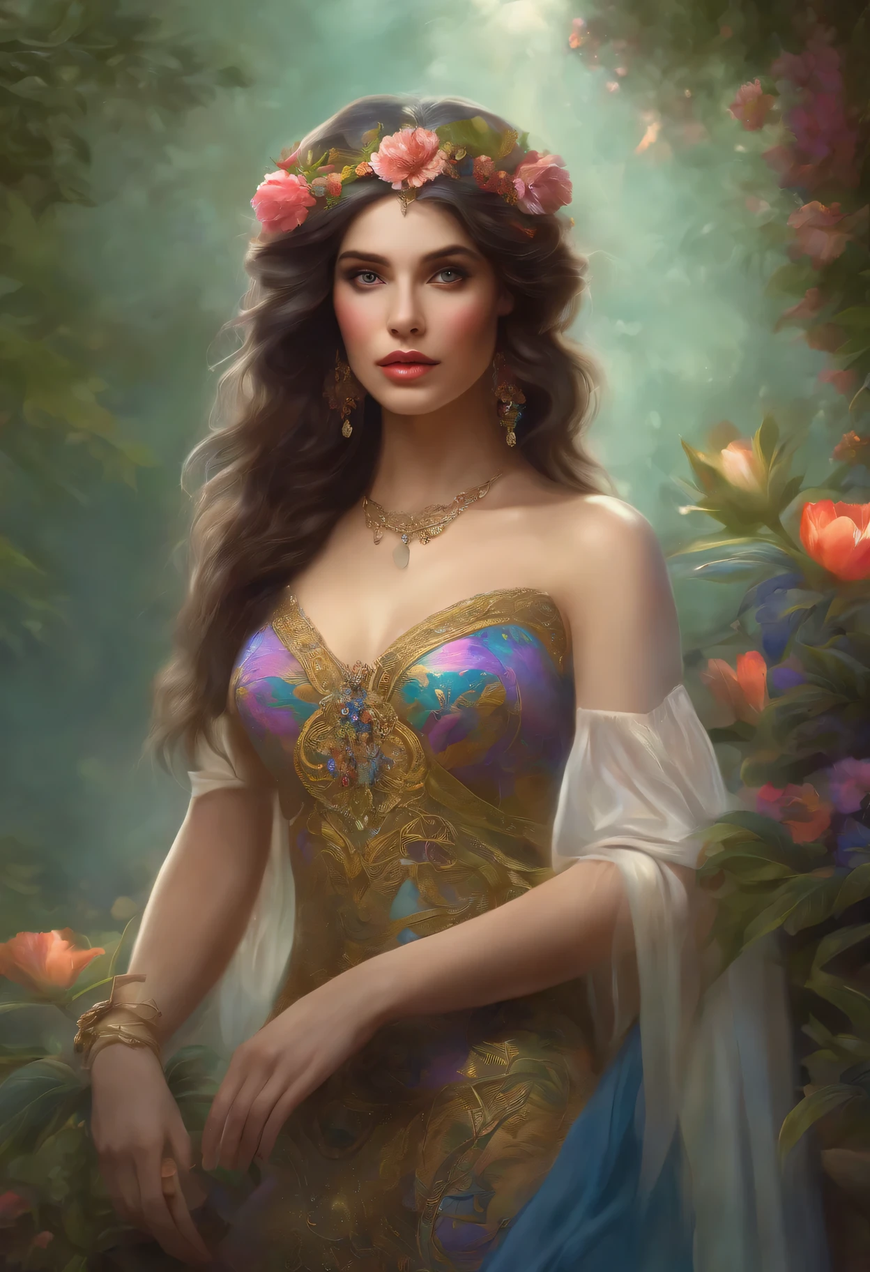 a beautiful young woman, 1girl, detailed face, beautiful eyes, beautiful lips, flawless skin, long hair, elegant dress, standing in a lush garden, colorful flowers, sunlight, cinematic lighting, photorealistic, hyper detailed, 8k, ultra-realistic, intricate details, masterpiece, concept art, mysterious, dreamlike atmosphere
