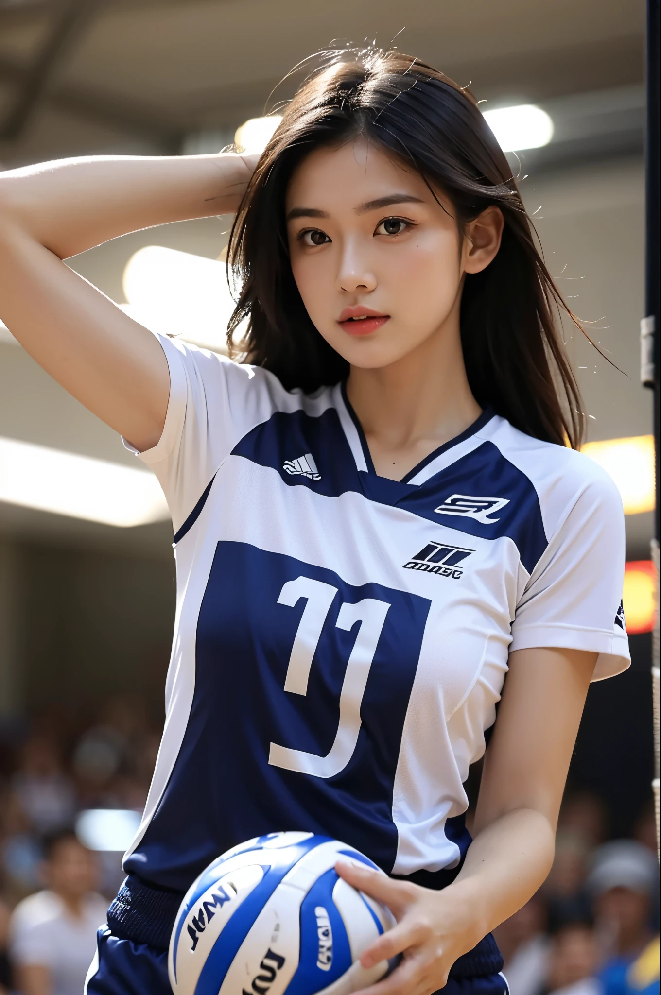 masterpiece, best quality, extremely detailed, hyperrealistic, photorealistic, a beautiful woman, volleyball player, volleyball venue, dynamic pose:1.2, ultra detailed face:1.1