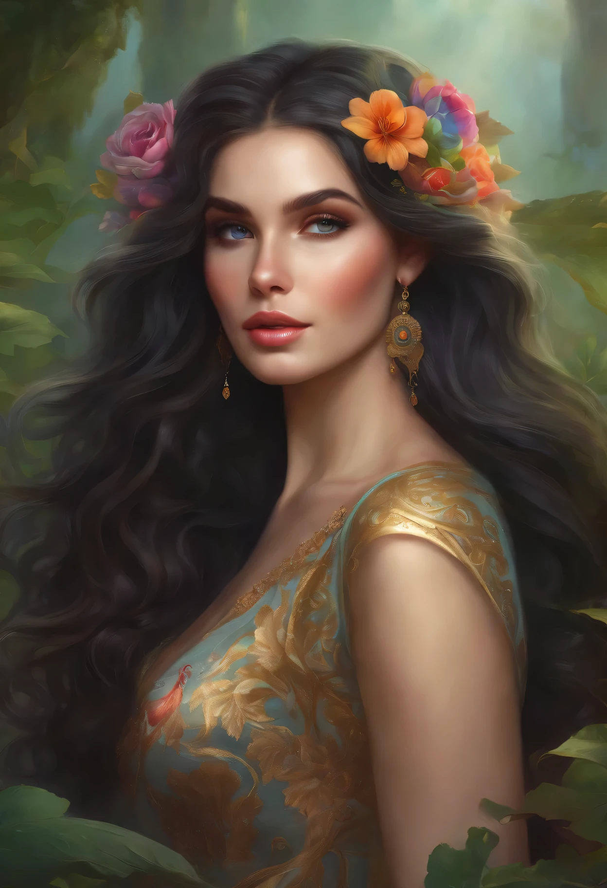 lisa frank art color, cuerpo completo, full body, senos grandes, nalgas grandes, mujer, multicolored long hair, multicolored aurora, art face by tom bagshaw, emile vernon style, fullbody dynamic movement pose, beautiful woman with long hair, gold jewellery, oil painting, fantasy, intricate, intricate stunning highly detailed girl by artgerm and edouard bisson, beautiful elegant, fantasy, flowers, forest, highly detailed, digital airbrush, photorealistic, octane render, black hair, black lips, gothic, rapunzel cabellos largos, cabellos largos dorados, cabellos largos color oro, pelo largo, digital painting, soft skin wide eyes watercolor, style, sketch, watercolor paiting, watercolor artist, portrait of a girl, vintage cartoon, ghibli, artgerm, wlop, alphonse mucha dynamic lighting hyperdetailed intricately detailed splash art trending on artstation triadic colors unreal engine 5 volumetric lighting, Transparent clothing, slight smile,, open legs, view of pubic hair, 1 sexy girl in transparent forest clothes,exposed breasts, open transparent t-shirt,mandala and flower tattoos, La mejor calidad,