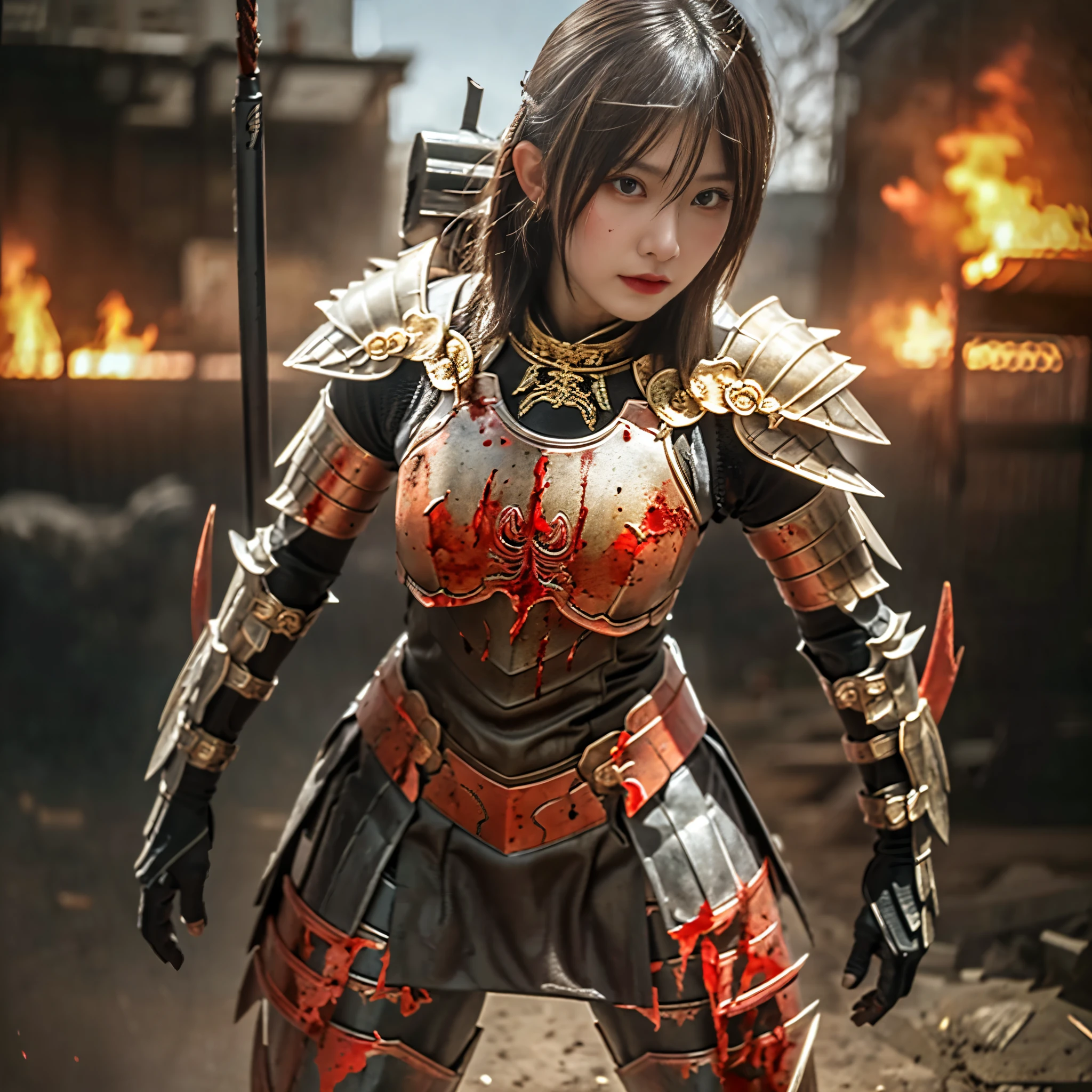 (((high-detail, ​masterpiece, Attention to detail, crisp detail, sharp image, high definition image, 8k, realistic, beautiful, full body photograph))), perfect studio lightning, 18 years old, delightful face,  ideal body, virgin, long smooth straight hair, tied behind, large breast, random expression, wearing japan heavy armor, full decorated armor, full body armor, swinging japan sword, sword attacking pose, sweating, blood stained face, blood scattered armor, bloodbath, fire everywhere, epic battle, death background, battleground, carnage, war zone, warpath, japan bakumatsu era