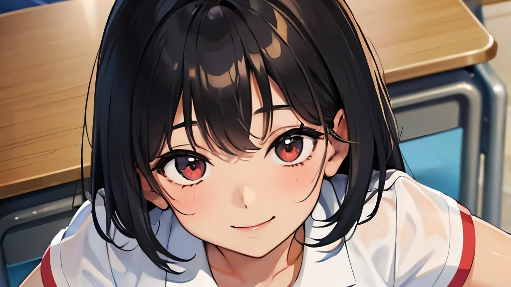 tan skin、17 years old、high school girl、hair is black、shortcut、full of energy、tanned skin、very smiling、Sarah uniform、summer clothes、classroom。close up of face、face is red、From above