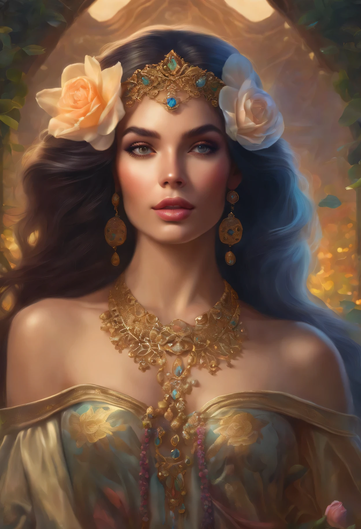 lisa frank art color, cuerpo completo, full body, senos grandes, nalgas grandes, mujer, multicolored long hair, multicolored aurora, art face by tom bagshaw, emile vernon style, fullbody dynamic movement pose, beautiful woman with long hair, gold jewellery, oil painting, fantasy, intricate, intricate stunning highly detailed girl by artgerm and edouard bisson, beautiful elegant, fantasy, flowers, forest, highly detailed, digital airbrush, photorealistic, octane render, black hair, black lips, gothic, rapunzel cabellos largos, cabellos largos dorados, cabellos largos color oro, pelo largo, digital painting, soft skin wide eyes watercolor, style, sketch, watercolor paiting, watercolor artist, portrait of a girl, vintage cartoon, ghibli, artgerm, wlop, alphonse mucha dynamic lighting hyperdetailed intricately detailed splash art trending on artstation triadic colors unreal engine 5 volumetric lighting, Transparent clothing, slight smile,, open legs, view of pubic hair, 1 sexy girl in transparent forest clothes,exposed breasts, open transparent t-shirt,mandala and flower tattoos, La mejor calidad,