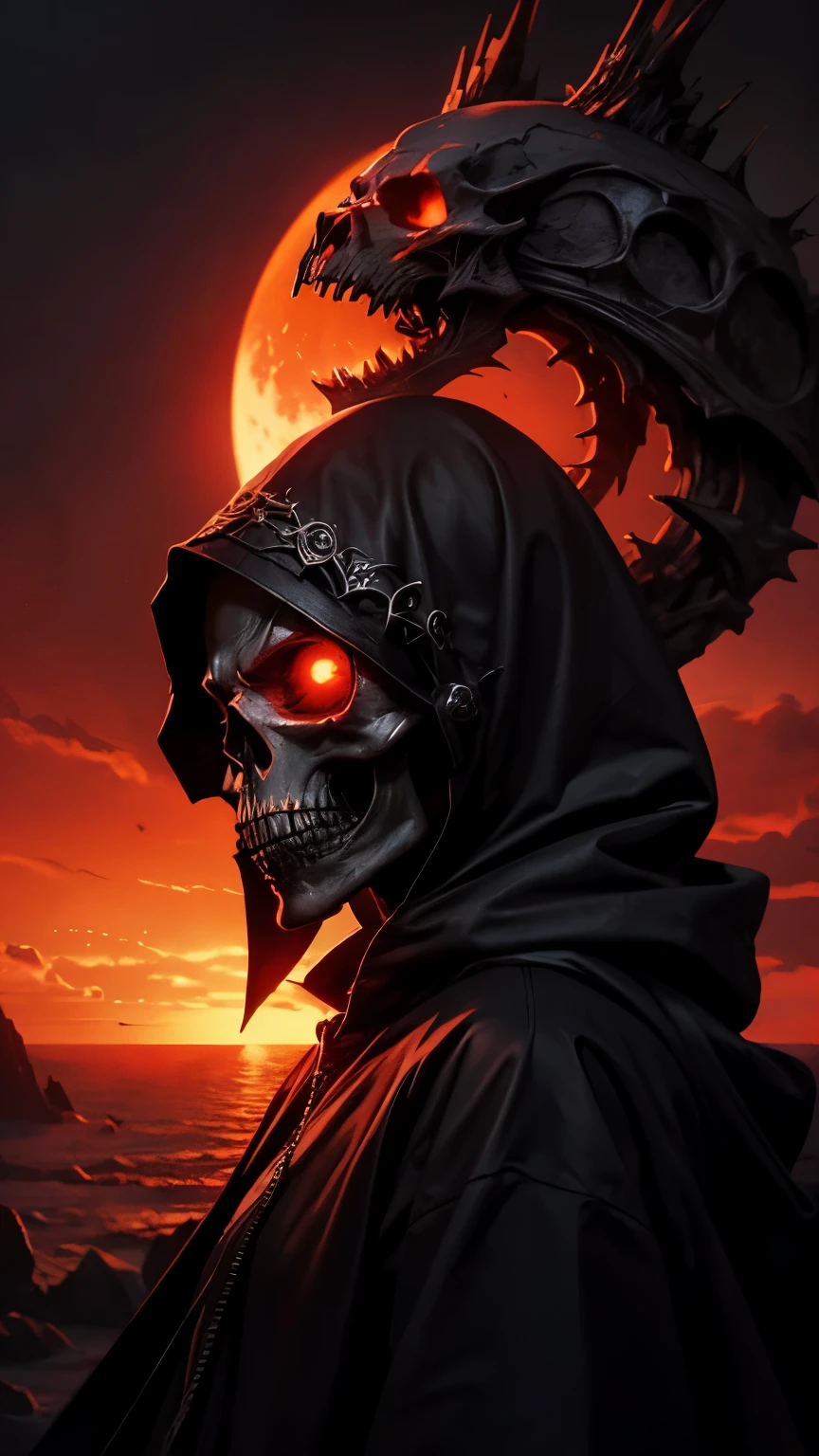 dark fantasy world, Beautiful sunset, sinister skull in a hood, eyes glow red, ((super epic art)), (8K)