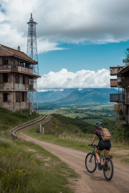 a girl rides a bicycle, in running shorts, short shorts, a very creepy looking tower with lots of tubes and pipes all over the place, no humans, sky, cloud, scenery, cable, industrial pipe