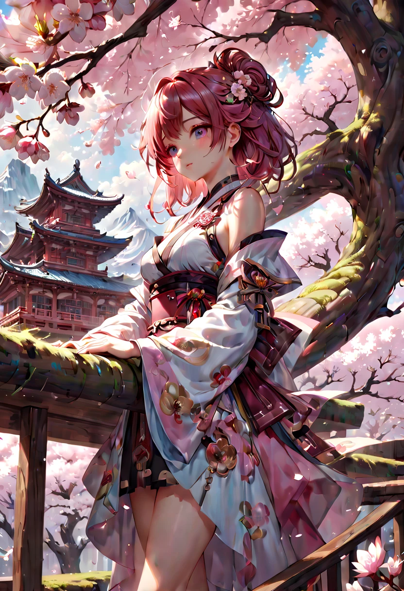 1girl, The Sakura Maiden, Treehouse built in a Cherry Blossom Tree, a very intricate and hyper-detailed oil painting by Daniel F Gerhartz, Clint Cearley, Eve Ventrue, volumetric lighting, gorgeous, swirling ornamentals, fluid acrylic, elegant gradients, photorealistic, a masterpiece, trending on Artstation, triadic colors, Epic cinematic brilliant stunning intricate meticulously detailed dramatic atmospheric maximalist digital matte painting, aesthetic