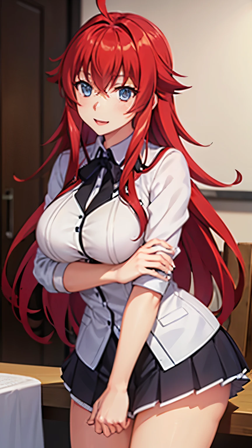 Rias Gremory,  girl, dressed in Kuoh Academy uniform, smile, beautiful, medium breasts, background in the occult research club room