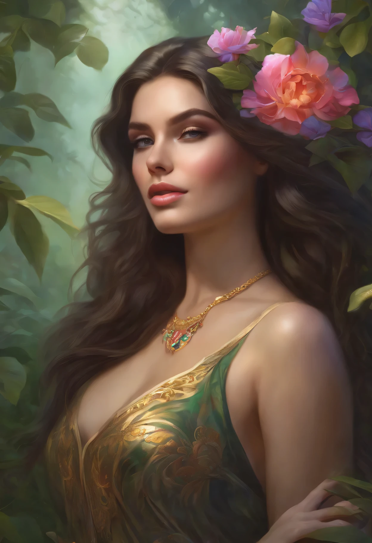 lisa frank art color, cuerpo completo, full body, senos grandes, nalgas grandes, mujer, multicolored long hair, multicolored aurora, art face by tom bagshaw, emile vernon style, fullbody dynamic movement pose, beautiful woman with long hair, gold jewellery, oil painting, fantasy, intricate, intricate stunning highly detailed girl by artgerm and edouard bisson, beautiful elegant, fantasy, flowers, forest, highly detailed, digital airbrush, photorealistic, octane render, black hair, black lips, gothic, rapunzel cabellos largos, cabellos largos dorados, cabellos largos color oro, pelo largo, digital painting, soft skin wide eyes watercolor, style, sketch, watercolor paiting, watercolor artist, portrait of a girl, vintage cartoon, ghibli, artgerm, wlop, alphonse mucha dynamic lighting hyperdetailed intricately detailed splash art trending on artstation triadic colors unreal engine 5 volumetric lighting, Transparent clothing, slight smile,, open legs, view of pubic hair, 1 sexy girl in transparent forest clothes,exposed breasts, open transparent t-shirt,mandala and flower tattoos, La mejor calidad,