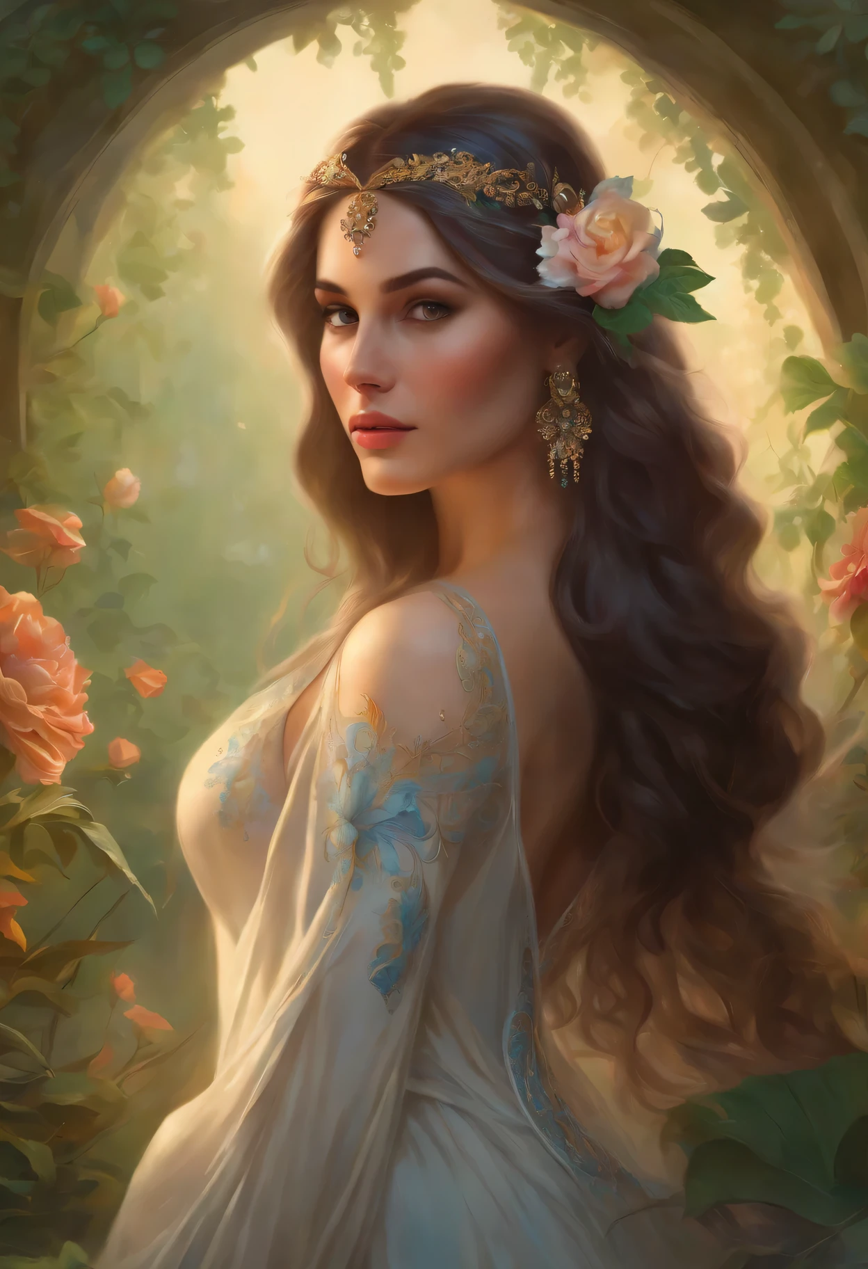 lisa frank art color, cuerpo completo, full body, senos grandes, nalgas grandes, mujer, multicolored long hair, multicolored aurora, art face by tom bagshaw, emile vernon style, fullbody dynamic movement pose, beautiful woman with long hair, gold jewellery, oil painting, fantasy, intricate, intricate stunning highly detailed girl by artgerm and edouard bisson, beautiful elegant, fantasy, flowers, forest, highly detailed, digital airbrush, photorealistic, octane render, black hair, black lips, gothic, rapunzel cabellos largos, cabellos largos dorados, cabellos largos color oro, pelo largo, digital painting, soft skin wide eyes watercolor, style, sketch, watercolor paiting, watercolor artist, portrait of a girl, vintage cartoon, ghibli, artgerm, wlop, alphonse mucha dynamic lighting hyperdetailed intricately detailed splash art trending on artstation triadic colors unreal engine 5 volumetric lighting, Transparent clothing, slight smile,, open legs, view of pubic hair, 1 y girl in transparent forest clothes,exposed brepen transparent t-shirt,mandala and flower tattoos, La mejor calidad,