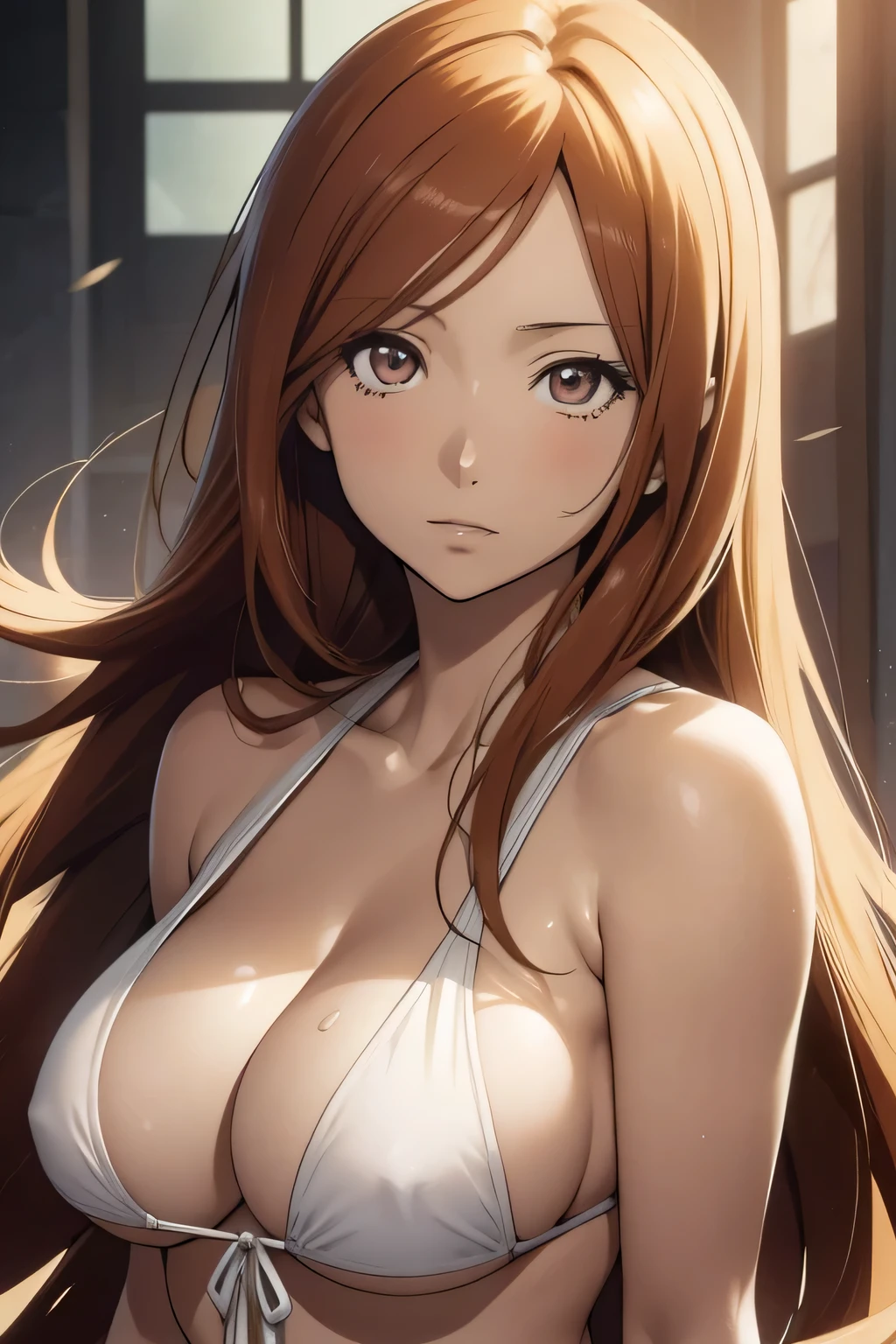 orihime inoue, bleach, fair skin, long hair, brown eyes, ((detailed eyes:1.2)), large breasts, wearing micro bikini, sexy, sensual, sleeveless, sideboob, underboob, masterpiece, top quality, best quality, official art, beautiful and aesthetic:1.2), extreme detailed, colorful, highest detailed