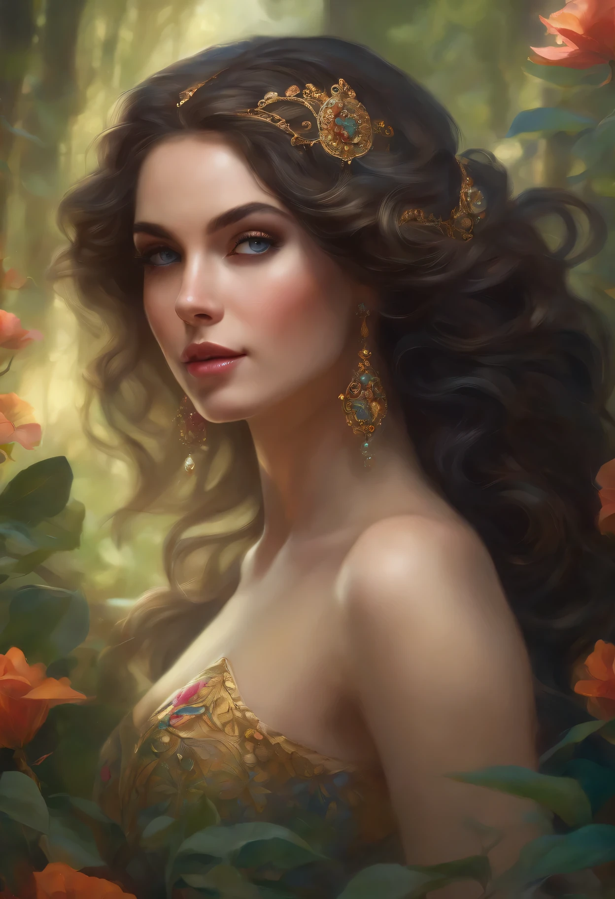 lisa frank art color, cuerpo completo, full body, senos grandes, nalgas grandes, mujer, multicolored long hair, multicolored aurora, art face by tom bagshaw, emile vernon style, fullbody dynamic movement pose, beautiful woman with long hair, gold jewellery, oil painting, fantasy, intricate, intricate stunning highly detailed girl by artgerm and edouard bisson, beautiful elegant, fantasy, flowers, forest, highly detailed, digital airbrush, photorealistic, octane render, black hair, black lips, gothic, rapunzel cabellos largos, cabellos largos dorados, cabellos largos color oro, pelo largo, digital painting, soft skin wide eyes watercolor, style, sketch, watercolor paiting, watercolor artist, portrait of a girl, vintage cartoon, ghibli, artgerm, wlop, alphonse mucha dynamic lighting hyperdetailed intricately detailed splash art trending on artstation triadic colors unreal engine 5 volumetric lighting, Transparent clothing, slight smile,, open legs, view of pubic hair, 1 sexy girl in transparent forest clothes,exposed breasts, open transparent t-shirt,mandala and flower tattoos, La mejor calidad,