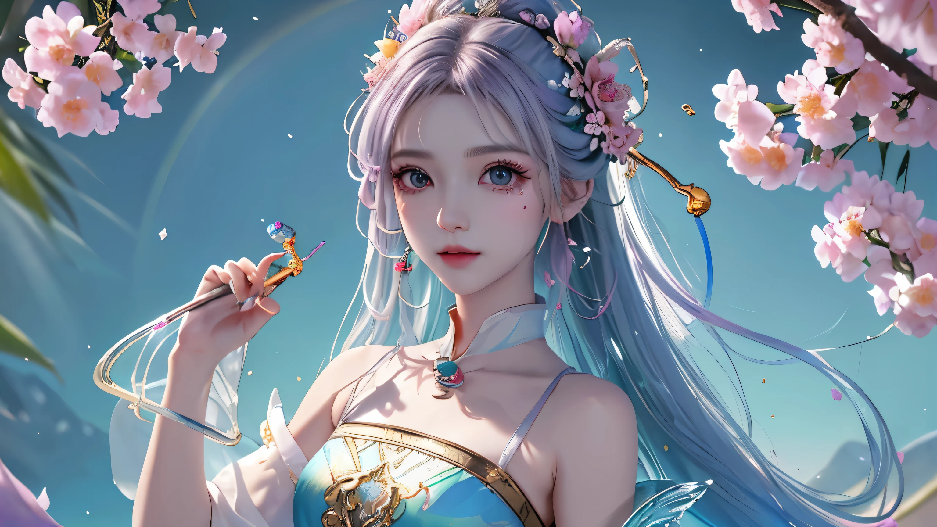 (Pink fashion T-shirt,:1.9),(Colorful hair:1.8),(All colors of the rainbow:1.8),((((Vertical pintng:1.6))),(Work:1.6),front,漫painting,illustration,Work,big eyes,crystal clear,(Iridescent gradient high ponytail:1.7),Make up seriously,shut your mouth,(Little fresh:1.5),(Pipe top:1.6),long eyelashes,White shoulder T camisole,, white shoulder shirt,looking at the audience,水汪汪的big eyes,(rainbow hair:1.6), Color splash, (alone:1.8), Color splash, color explosion, Color splash, color explosion, thick paint style,messy lines,((Shiny,)) ,(colorful), Thick painting Style, (splash) (Color splash), Vertical paintinging, Upper body, painting splash, acrylic paint, slope, painting, Highest image quality, 最高painting质, masterpiece, alone, depth of field, Face painting, colorful clothes, (grace: 1.2), Gorgeous, long hair, Made by the wind, (grace: 1.3), (Petal-shaped: 1.4),(((masterpiece))),(((best quality))),((super detailed)),(illustration),(dynamic angle),((floating)),(pint),((loose hair)),(alone),(1 girl) , (( (Detailed anima face))),((Beautiful and delicate face)),collar,bare shoulders,white hair,((colored hair)),((striped hair)),beautiful and delicate eyes,(slope eyes),(( (Color eyes))),(((colorfully background))),(((high saturation))),(((Surrounded by colorful splashes))),(Hanfu)