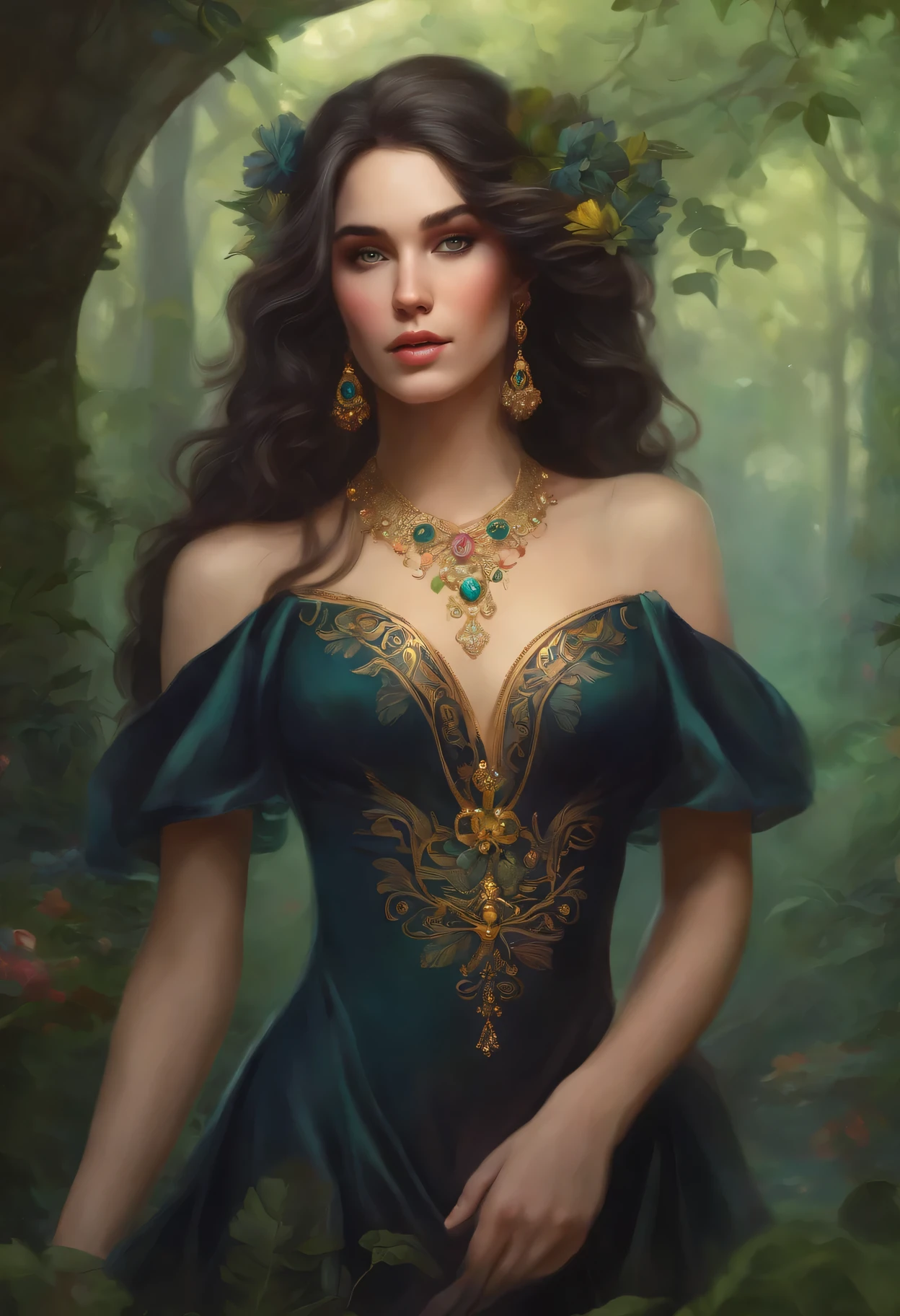 lisa frank art color, cuerpo completo, full body, senos grandes, nalgas grandes, mujer, multicolored long hair, multicolored aurora, art face by tom bagshaw, emile vernon style, fullbody dynamic movement pose, beautiful woman with long hair, gold jewellery, oil painting, fantasy, intricate, intricate stunning highly detailed girl by artgerm and edouard bisson, beautiful elegant, fantasy, flowers, forest, highly detailed, digital airbrush, photorealistic, octane render, black hair, black lips, gothic, rapunzel cabellos largos, cabellos largos dorados, cabellos largos color oro, pelo largo, digital painting, soft skin wide eyes watercolor, style, sketch, watercolor paiting, watercolor artist, portrait of a girl, vintage cartoon, ghibli, artgerm, wlop, alphonse mucha dynamic lighting hyperdetailed intricately detailed splash art trending on artstation triadic colors unreal engine 5 volumetric lighting, , slight smile,, , view of pubic hair, 1  in transparent forest clothes,exposed , open transparent t-shirt,mandala and flower tattoos, La mejor calidad,