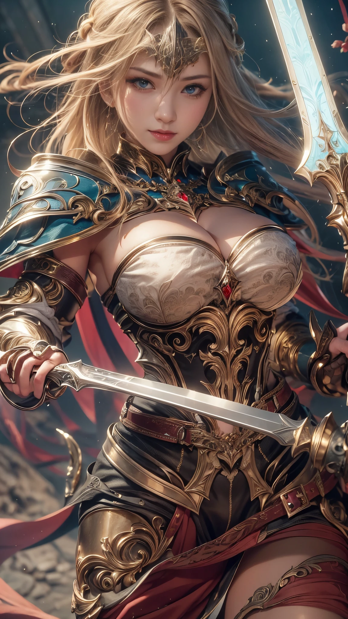 (RAW shooting:1.5, Photoreal:1.5, 8k, highest quality, masterpiece, ultra high resolution), medieval europe, world of magic and swords, perfect dynamic composition:1.2, Mysterious:1.3, Highly detailed skin and facial textures:1.3, cute and sexy slim female warrior, beautiful and aesthetic, cute and sexy beauty, perfect style, wear elaborate rings, Sword-holding pose, Manga Berserk carrying a big sword on his back:1.3, fire, water, Wind, thunder, ice, Fair skin, very beautiful face, (Medium chest, Chest gap), (embarrassing smile, The expression on your face when you feel intense caress, Facial expression when feeling pleasure), (sexy gold metallic armor, off shoulder), (beautiful blue eyes, Eyes that feel beautiful eros:0.8), (Too erotic:0.9, Bewitching:0.9), full body shot, Ancient castle in the background