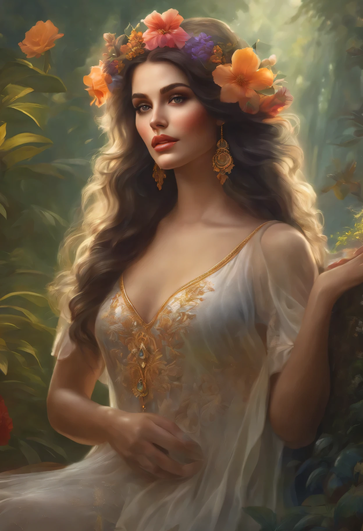 lisa frank art color, cuerpo completo, full body, senos grandes, nalgas grandes, mujer, multicolored long hair, multicolored aurora, art face by tom bagshaw, emile vernon style, fullbody dynamic movement pose, beautiful woman with long hair, gold jewellery, oil painting, fantasy, intricate, intricate stunning highly detailed girl by artgerm and edouard bisson, beautiful elegant, fantasy, flowers, forest, highly detailed, digital airbrush, photorealistic, octane render, black hair, black lips, gothic, rapunzel cabellos largos, cabellos largos dorados, cabellos largos color oro, pelo largo, digital painting, soft skin wide eyes watercolor, style, sketch, watercolor paiting, watercolor artist, portrait of a girl, vintage cartoon, ghibli, artgerm, wlop, alphonse mucha dynamic lighting hyperdetailed intricately detailed splash art trending on artstation triadic colors unreal engine 5 volumetric lighting, Transparent clothing, slight smile,, open legs, view of pubic hair, 1 sexy girl in transparent forest clothes,exposed breasts, open transparent t-shirt,mandala and flower tattoos, La mejor calidad,