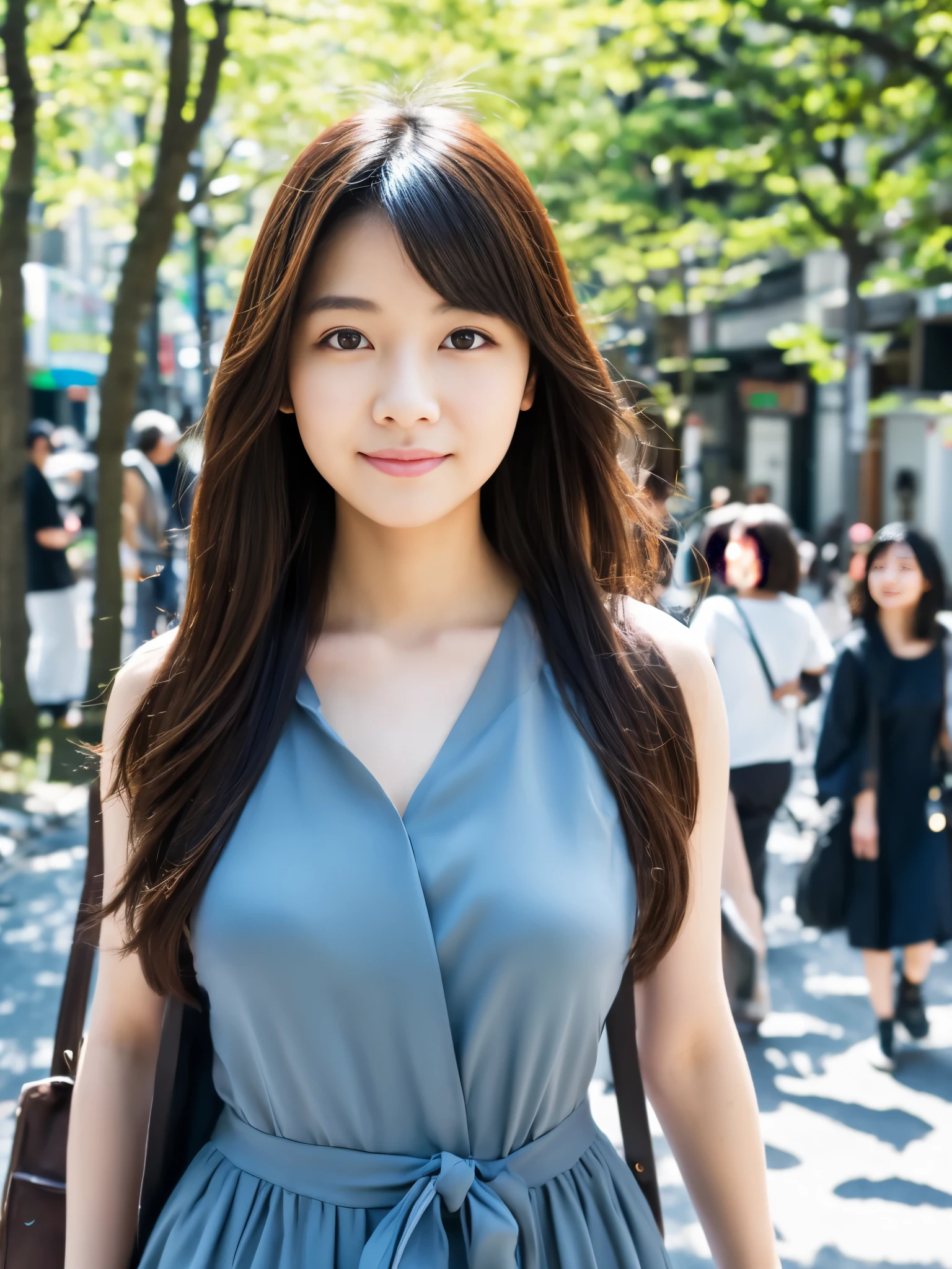 (highest quality、table top、8k、best image quality、Award-winning work)、one beautiful woman、25 years old、alone、perfect beautiful composition、perfect fit、(Full body photo:1.1)、(emphasize body line:1.2)、(Perfect light blue turtleneck sleeveless knit sweater dress:1.2)、(Perfect and precise turtleneck sleeveless knit sweater dress:1.1)、(very big breasts:1.4)、(perfect elegant round glasses:1.2)、slender body、elegant medium hair、smile looking at me、(Strongly blurred background of the shopping street in front of the station:1.1)、Standing gracefully、natural makeup、Ultra high definition beauty face、ultra high definition hair、Super high-definition sparkling eyes、(Shining ultra-high definition beautiful skin:1.1)、Super high resolution glossy lips、accurate anatomy、ultra high definition hair、(closed lips:1.1)