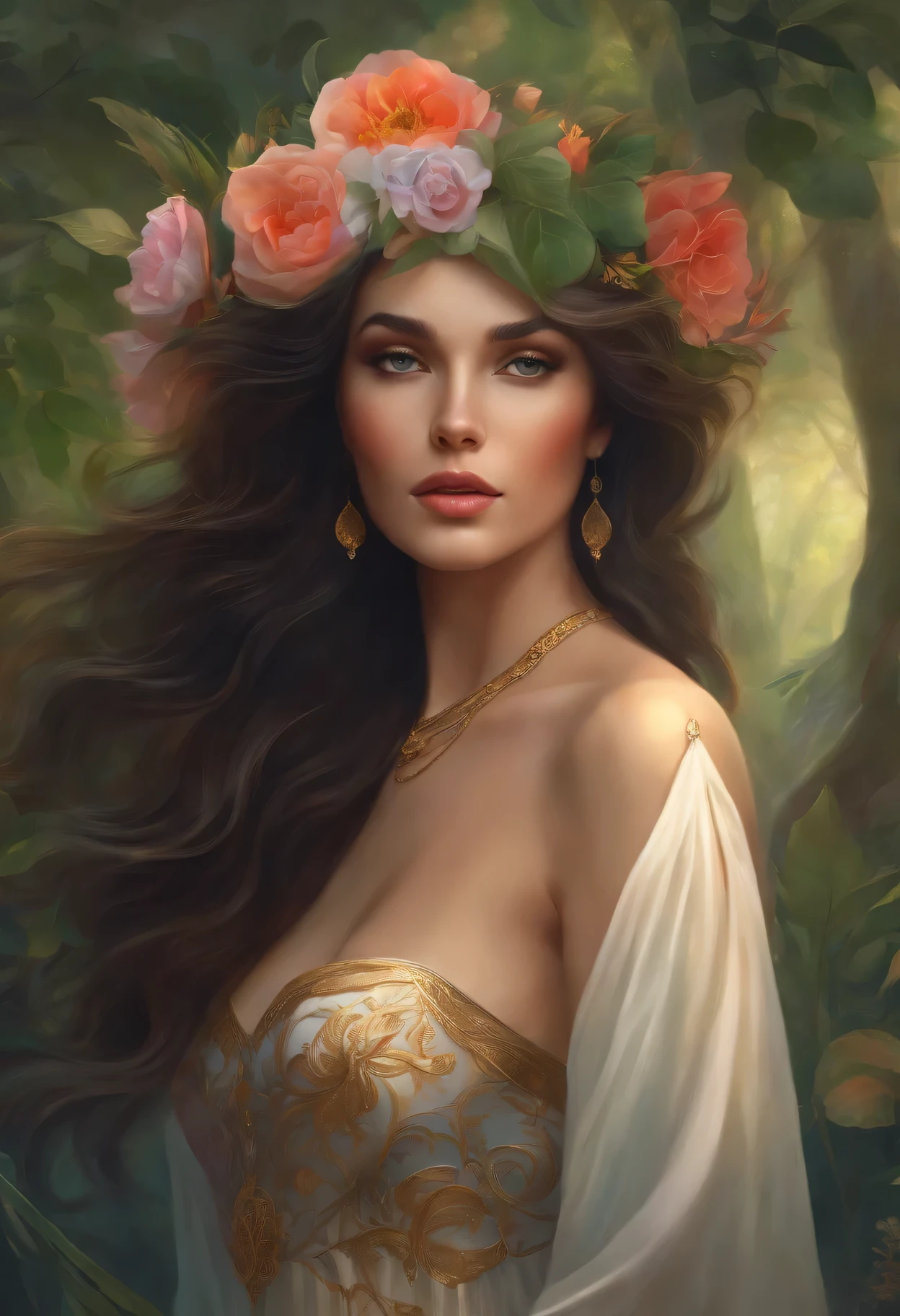 lisa frank art color, cuerpo completo, full body, senos grandes, nalgas grandes, mujer, multicolored long hair, multicolored aurora, art face by tom bagshaw, emile vernon style, fullbody dynamic movement pose, beautiful woman with long hair, gold jewellery, oil painting, fantasy, intricate, intricate stunning highly detailed girl by artgerm and edouard bisson, beautiful elegant, fantasy, flowers, forest, highly detailed, digital airbrush, photorealistic, octane render, black hair, black lips, gothic, rapunzel cabellos largos, cabellos largos dorados, cabellos largos color oro, pelo largo, digital painting, soft skin wide eyes watercolor, style, sketch, watercolor paiting, watercolor artist, portrait of a girl, vintage cartoon, ghibli, artgerm, wlop, alphonse mucha dynamic lighting hyperdetailed intricately detailed splash art trending on artstation triadic colors unreal engine 5 volumetric lighting, Transparent clothing, slight smile,, open legs, view of pubic hair, 1 sexy girl in transparent forest clothes,exposed breasts, open transparent t-shirt,mandala and flower tattoos, La mejor calidad,