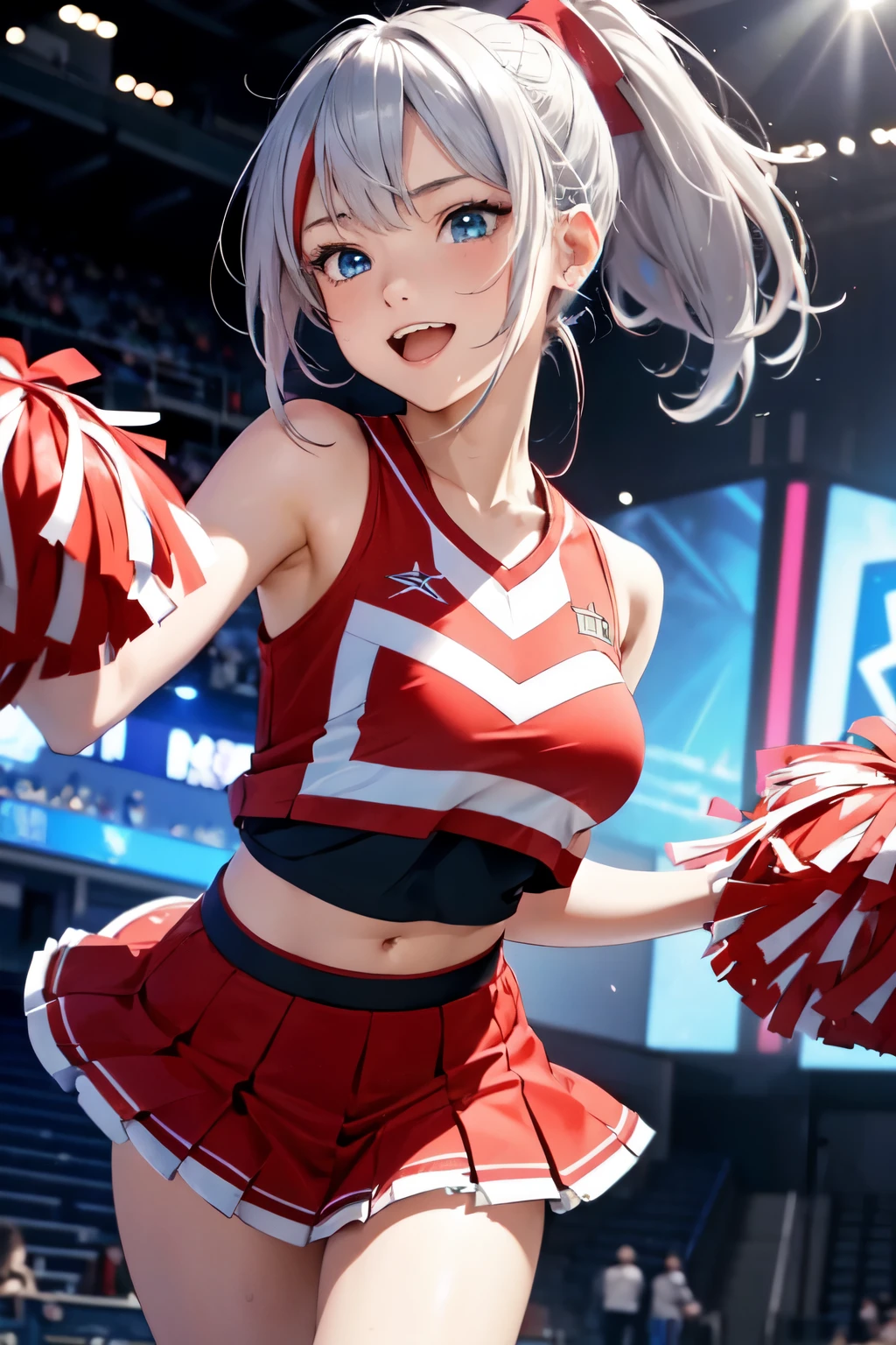 （In 8K, best quality, muste piece:1.2)、ultra high resolution、official art, 1 girl aged 14、ultra-detailed face, detailed eyes,frills,cheer leader fashion,join hands, dynamic angle, close-up, cowboy shot, (nup, cheerleader:1.2),smile,open mouth,cyberpunk cheerleader,ponytail,(Silver hair, red streaked hair), blue eyes, captivate your audience,spotlit,solo,Japan Budokan