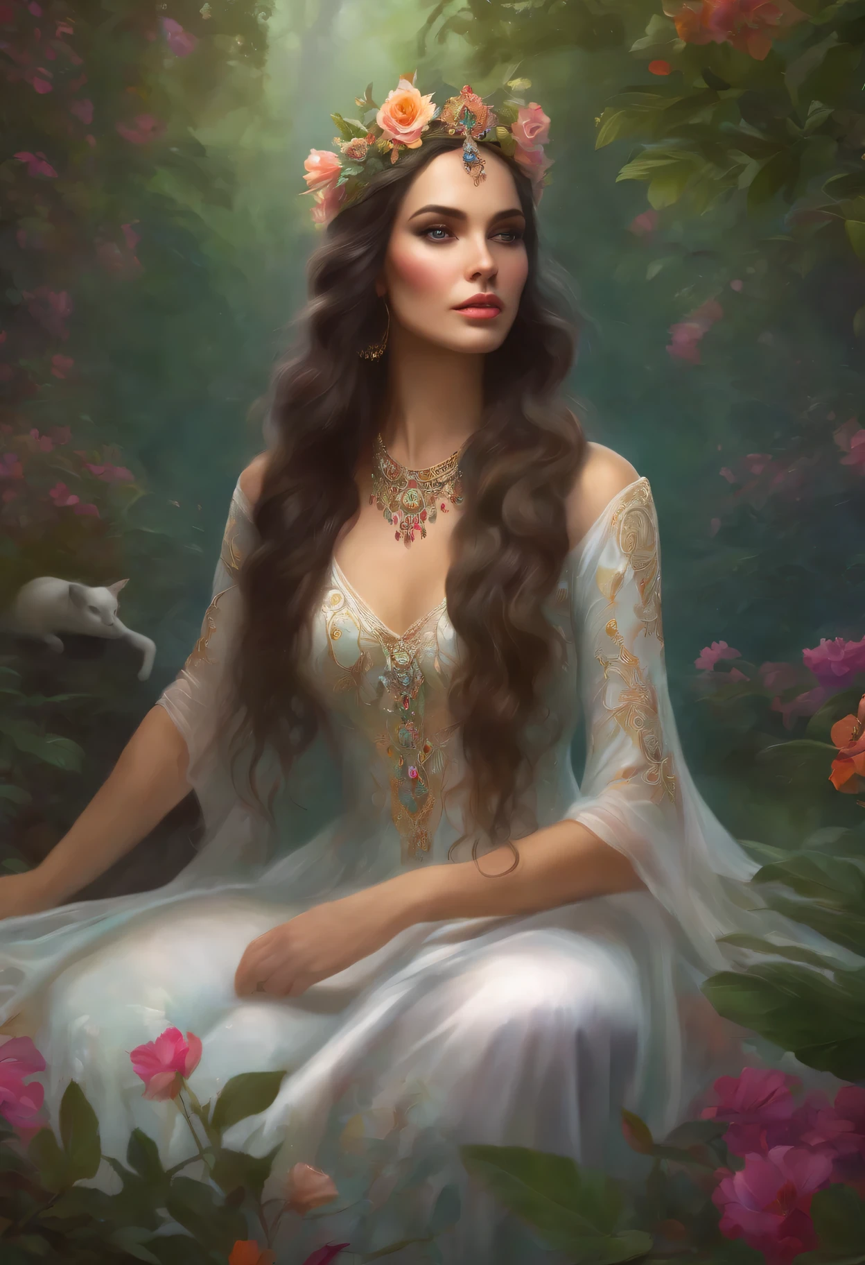 lisa frank art color, cuerpo completo, full body, senos grandes, nalgas grandes, mujer, multicolored long hair, multicolored aurora, art face by tom bagshaw, emile vernon style, fullbody dynamic movement pose, beautiful woman with long hair, gold jewellery, oil painting, fantasy, intricate, intricate stunning highly detailed girl by artgerm and edouard bisson, beautiful elegant, fantasy, flowers, forest, highly detailed, digital airbrush, photorealistic, octane render, black hair, black lips, gothic, rapunzel cabellos largos, cabellos largos dorados, cabellos largos color oro, pelo largo, digital painting, soft skin wide eyes watercolor, style, sketch, watercolor paiting, watercolor artist, portrait of a girl, vintage cartoon, ghibli, artgerm, wlop, alphonse mucha dynamic lighting hyperdetailed intricately detailed splash art trending on artstation triadic colors unreal engine 5 volumetric lighting, Transparent clothing, slight smile,, open legs, view of pubic hair, 1 sexy girl in transparent forest clothes,exposed breasts, open transparent t-shirt,mandala and flower tattoos, La mejor calidad,