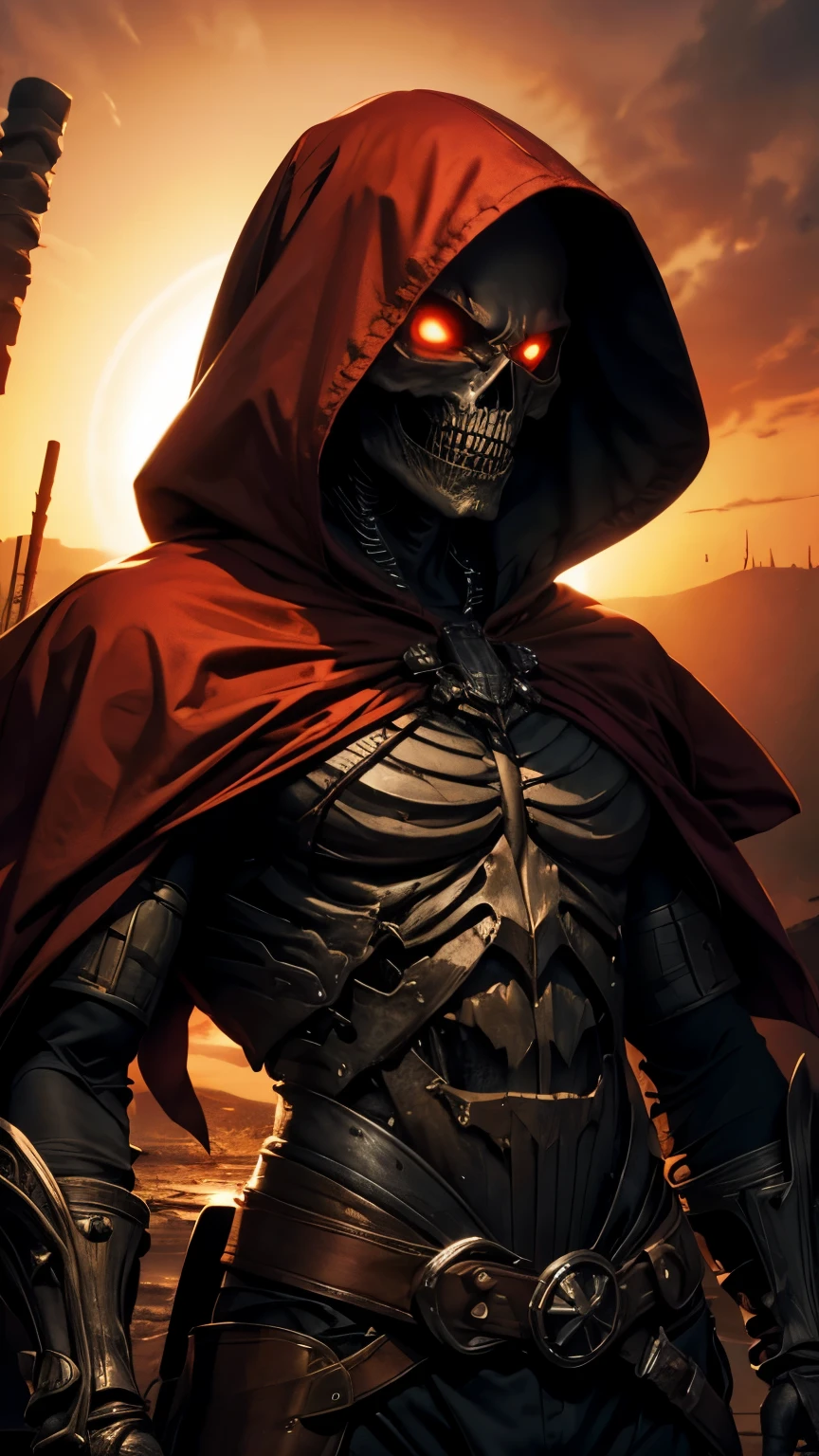 dark fantasy world, scary art, Beautiful sunset, huge titan skeleton in a hood, eyes glow red, ((super epic art)), (8K)
