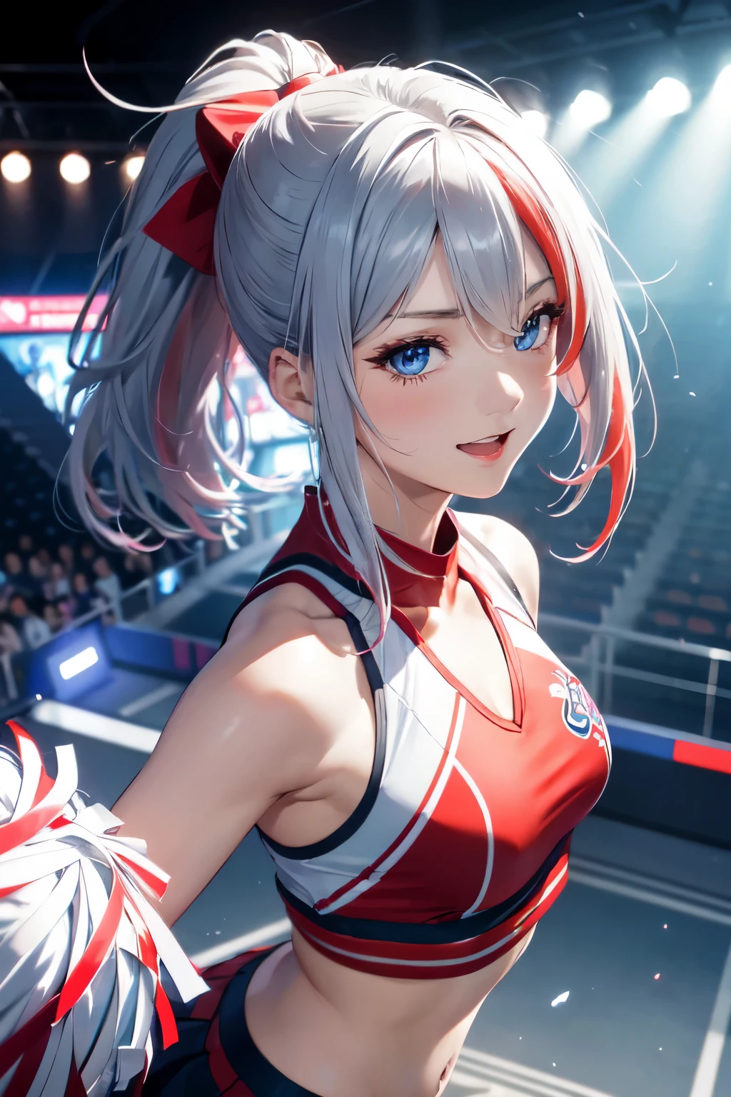 (In 8K, best quality, muste piece:1.2)、ultra high resolution、official art, 1 girl aged 14、ultra-detailed face, detailed eyes,cheer leader fashion,dynamic poses, dynamic angle, close-up, cowboy shot, (nup, cheerleader:1.2),smile,open mouth,cyberpunk cheerleader,ponytail,(Silver hair, red streaked hair), blue eyes, captivate your audience,spotlit,solo,Japan Budokan