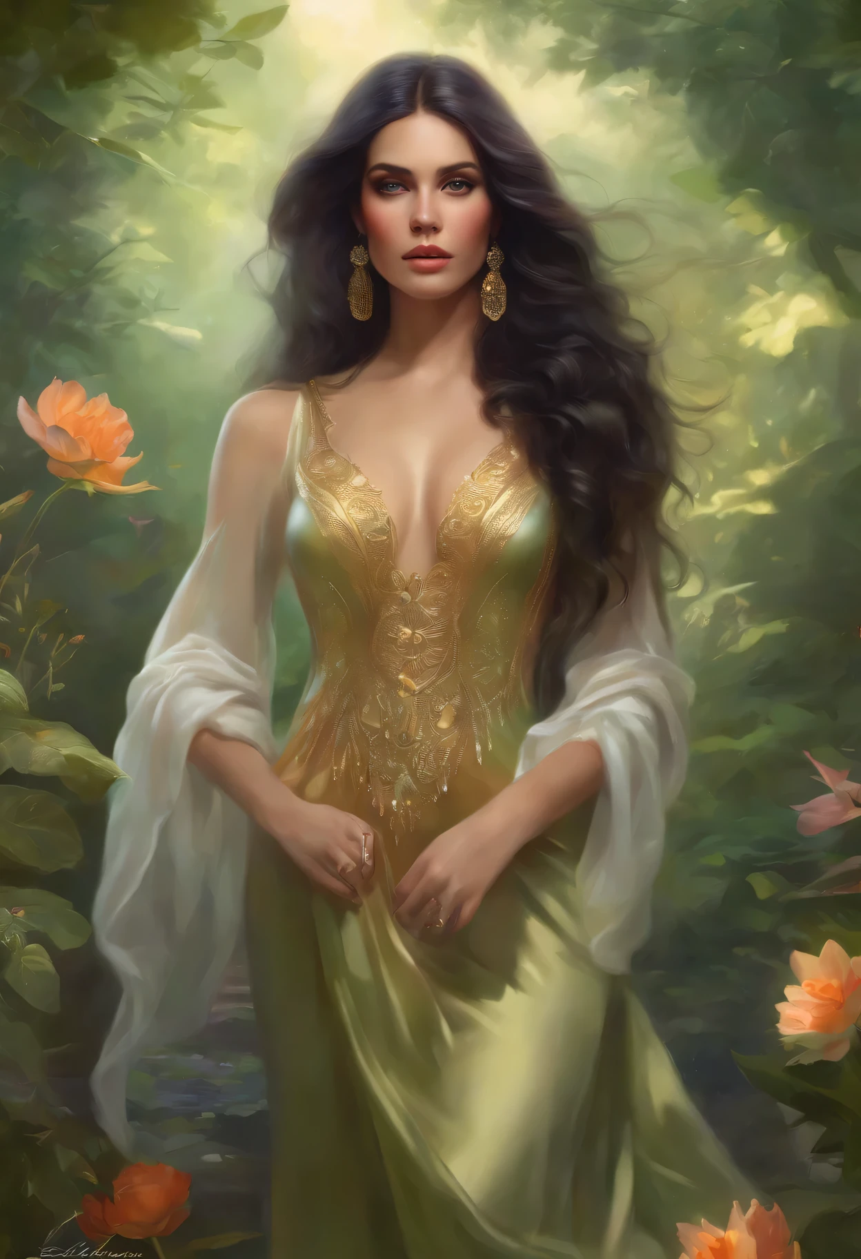 lisa frank art color, cuerpo completo, full body, senos grandes, nalgas grandes, mujer, multicolored long hair, multicolored aurora, art face by tom bagshaw, emile vernon style, fullbody dynamic movement pose, beautiful woman with long hair, gold jewellery, oil painting, fantasy, intricate, intricate stunning highly detailed girl by artgerm and edouard bisson, beautiful elegant, fantasy, flowers, forest, highly detailed, digital airbrush, photorealistic, octane render, black hair, black lips, gothic, rapunzel cabellos largos, cabellos largos dorados, cabellos largos color oro, pelo largo, digital painting, soft skin wide eyes watercolor, style, sketch, watercolor paiting, watercolor artist, portrait of a girl, vintage cartoon, ghibli, artgerm, wlop, alphonse mucha dynamic lighting hyperdetailed intricately detailed splash art trending on artstation triadic colors unreal engine 5 volumetric lighting, Transparent clothing, slight smile,, open legs, view of pubic hair, 1 sexy girl in transparent forest clothes,exposed breasts, open transparent t-shirt,mandala and flower tattoos, La mejor calidad,