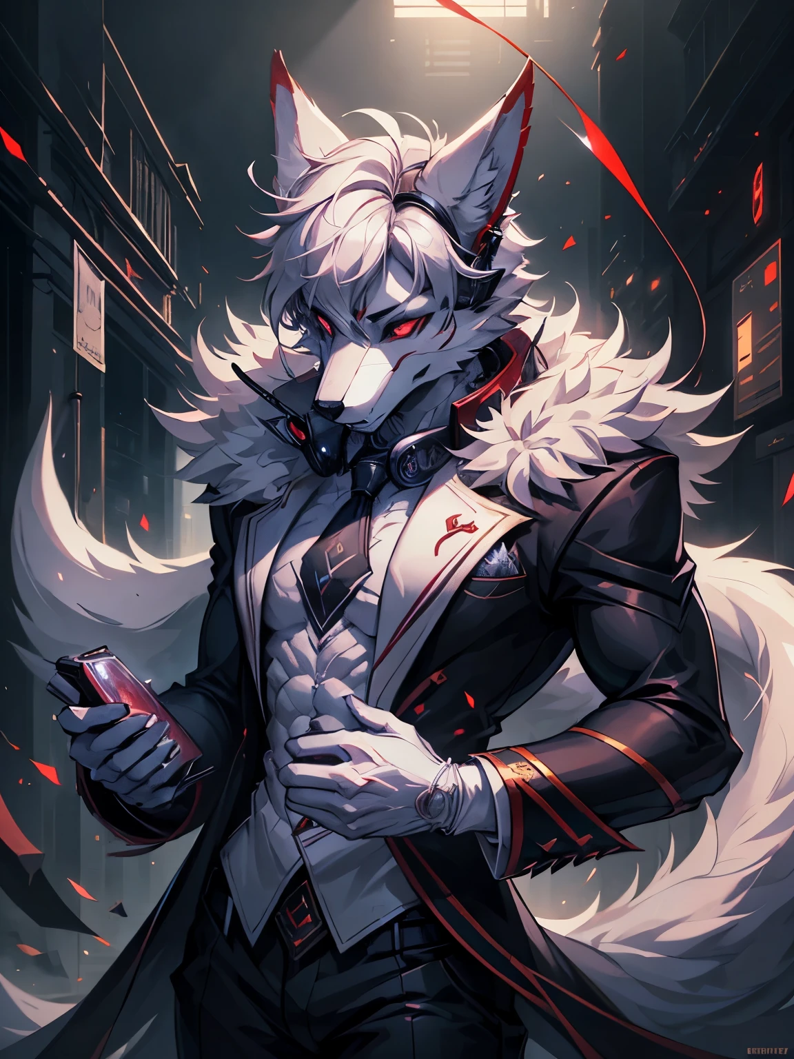 male, furry, wolf anthro, solo, white fur, red eyes, (Realistic eye details 1.2), headphone on head, business suit wear, Character focus, abs, Full body like, Masterpiece, dramatic lighting, soft lighting, day, highly detail, Hair coiled