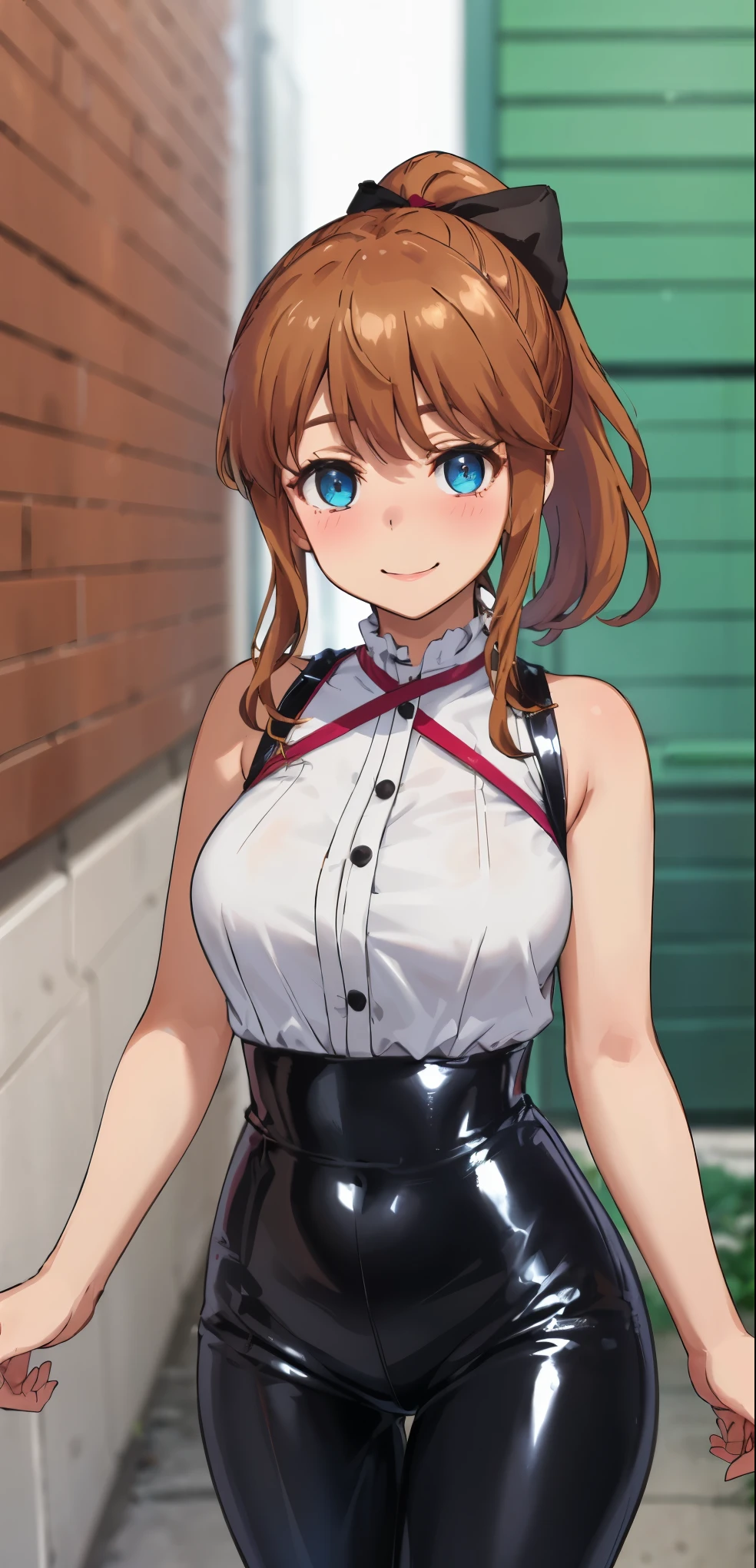 best quality, (masterpiece:1.2), highly detailed, standing, street,
1girl, solo, akatsuki minami,
looking at the viewer, closed mouth, smile, slight blush,
blue eyes, brown hair, ponytail, hair bow, sleeveless, ((the girl is dominatrix and she is wearing latex outfit, she is dominant and merciless)),  cowboy_shot, nsfw 