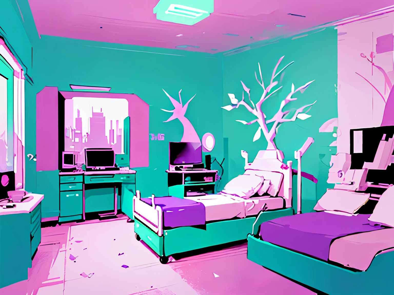 Hospital room, blue, dreamcore, Pastel background vaporwave lofi