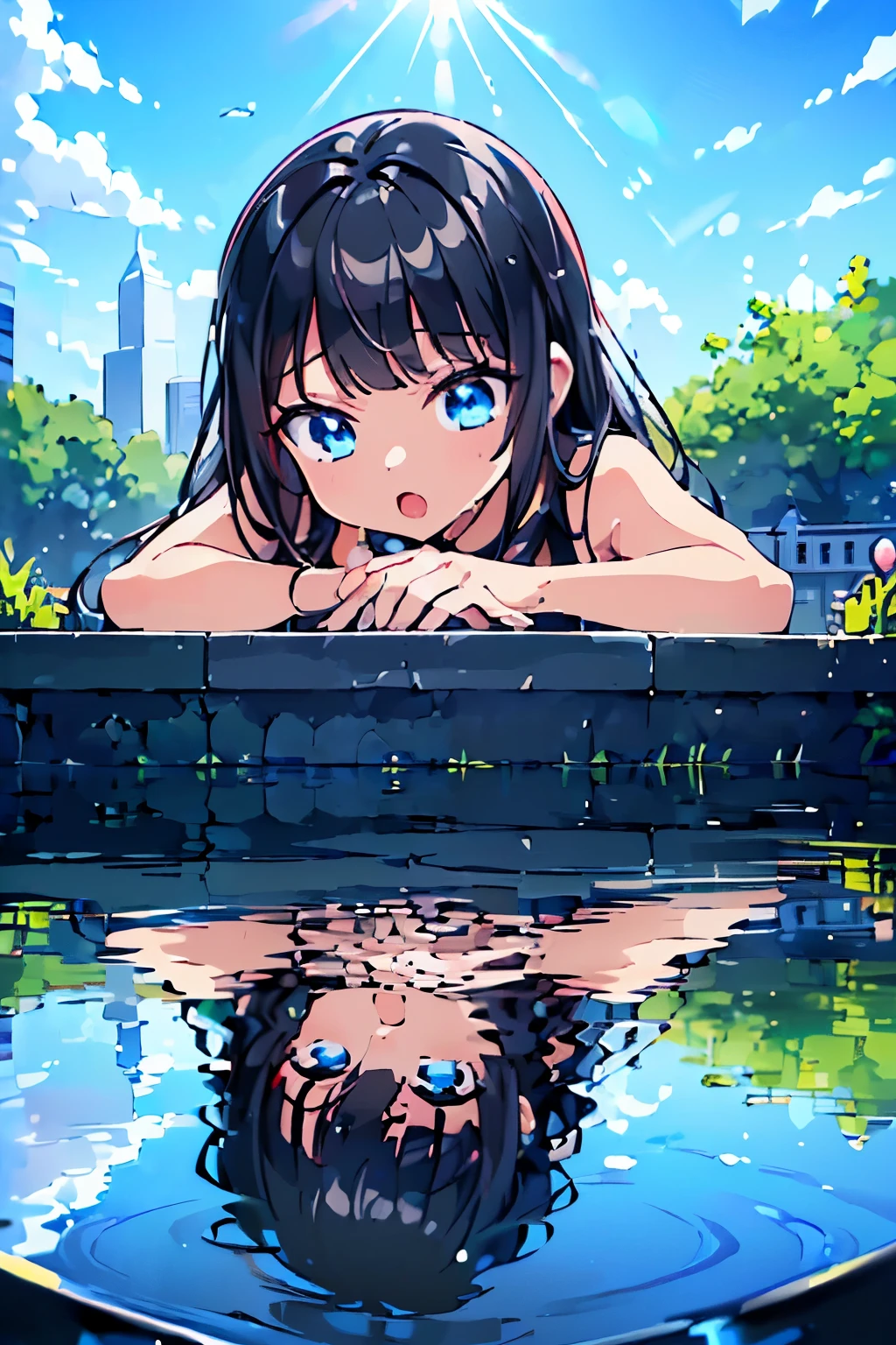 (((Look at the reflection on the water surface))), (((My reflection on the surface of the water))), (((looking down))), squat, open mouth, street, black hair, kawaii girl, masterpiece, best quality, ultra detailed, ultra high res, best aesthetic, 16k, face down