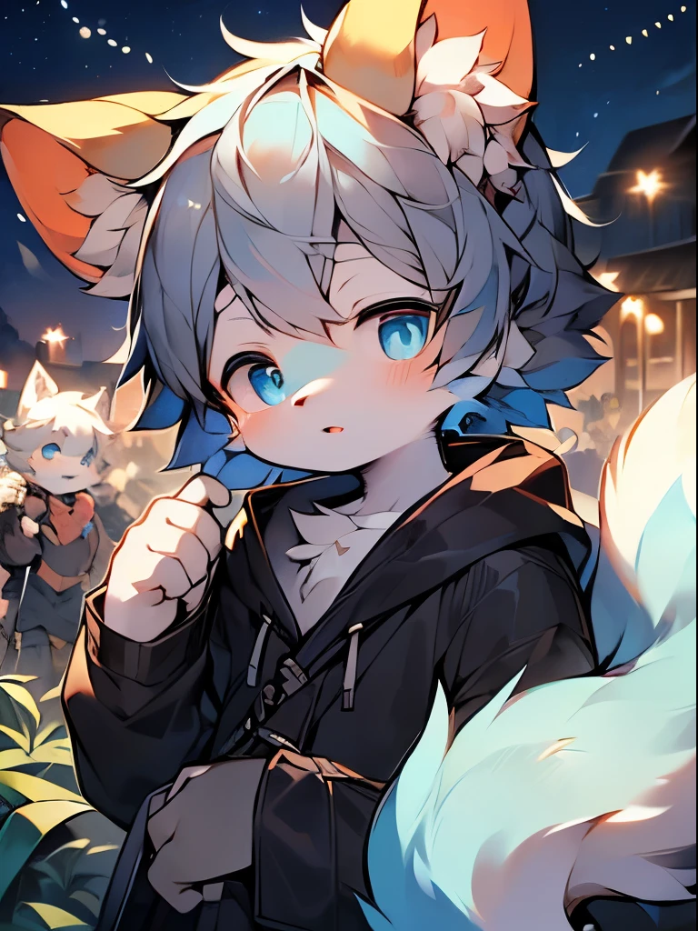 (best quality,high resolution,masterpiece:1.2),cute teen characters,Shota,beautiful delicate blue eyes,Soft charcoal hair,little boy,ears hidden,hair covering ears,A tuft of blue bangs,wolf ears,wolf tail,eyes closed,long eyelashes,face camera,panoramic,Stargazing