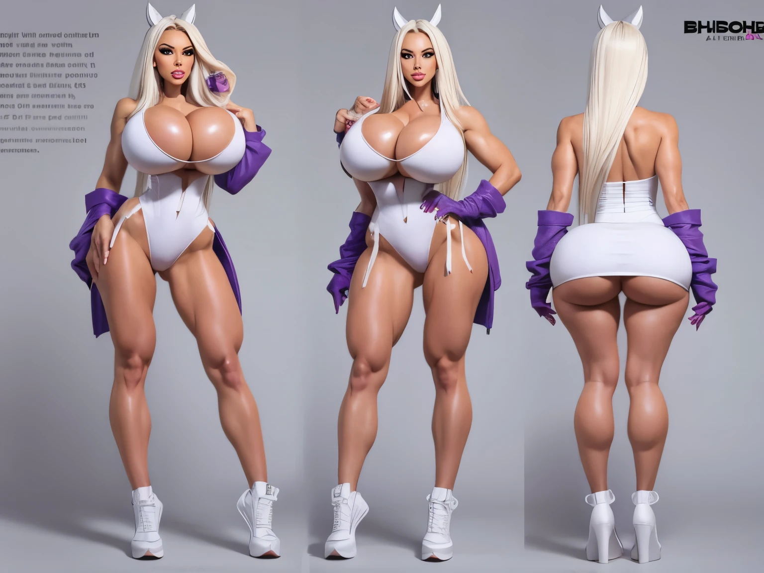 character design sheet, insta bimbo, huge massive breasts, thin muscular legs,