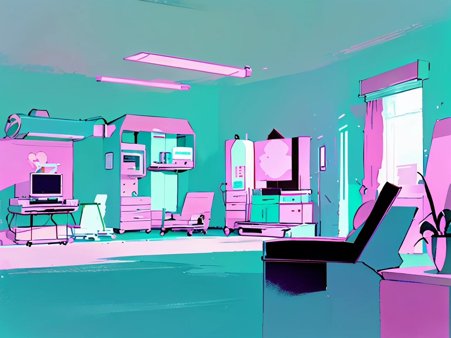 Hospital room, blue, dreamcore, Pastel background vaporwave lofi