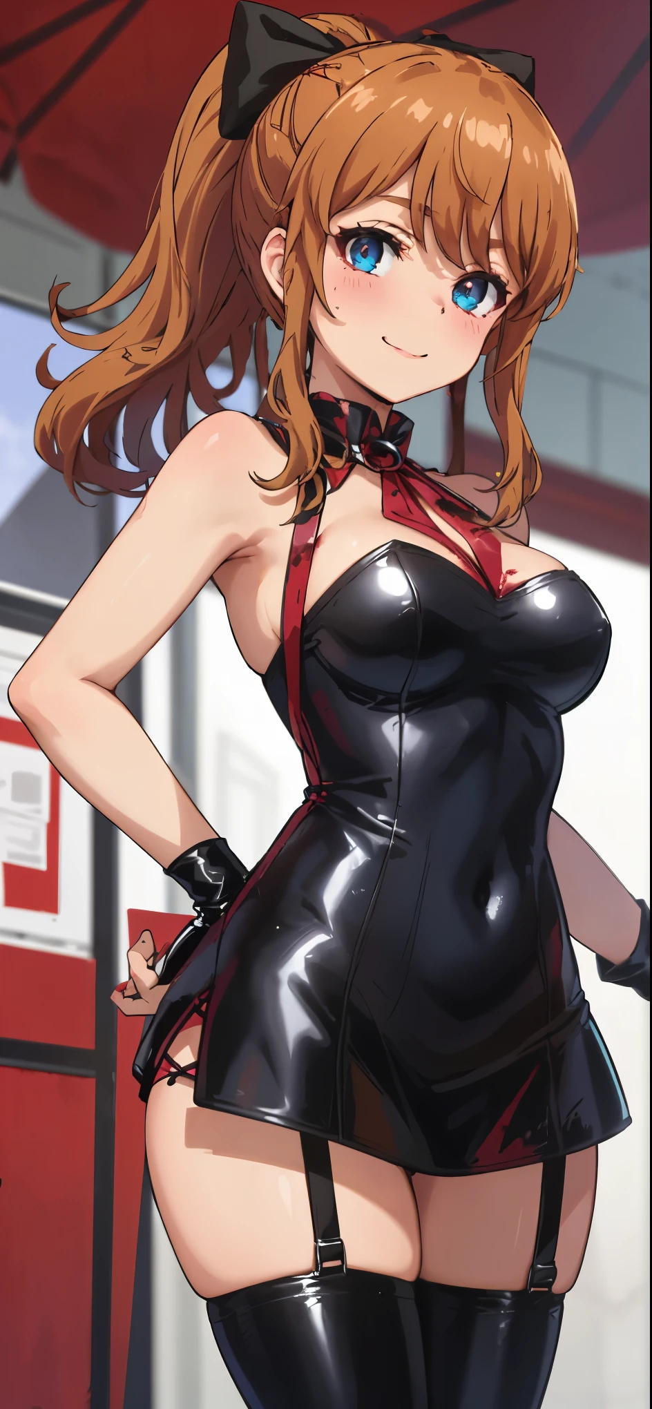 best quality, (masterpiece:1.2), highly detailed, standing, street,
1girl, solo, akatsuki minami,
looking at the viewer, closed mouth, smile, slight blush,
blue eyes, brown hair, ponytail, hair bow, sleeveless, ((the girl is dominatrix and she is wearing latex outfit, she is dominant and merciless)),  cowboy_shot, (nsfw, bloody and brutal, blood).