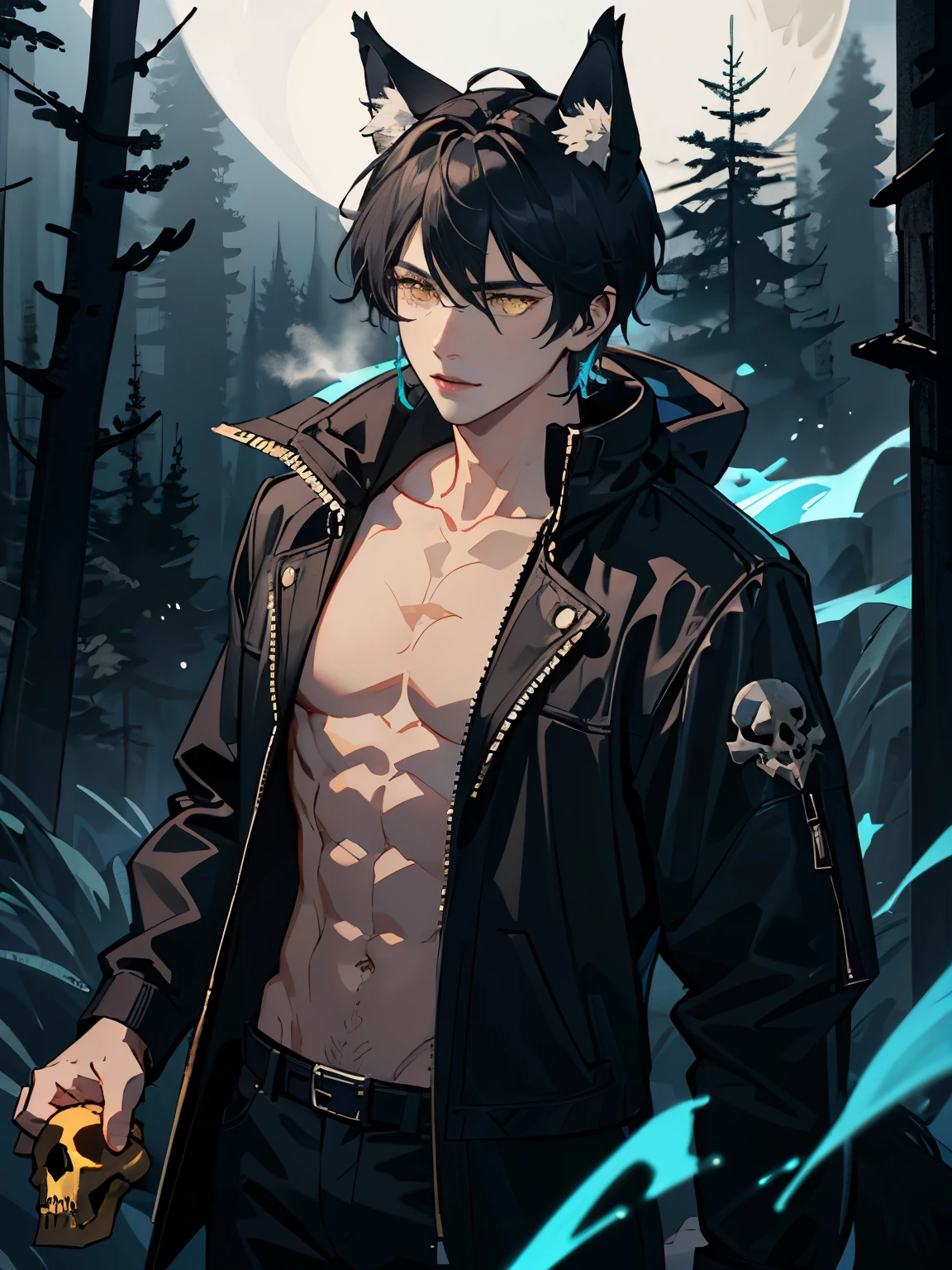 a guy with bare chest, instead of a head a wolf skull with ears, glowing yellow eyes, black fog around him, on the background of a gloomy spruce forest, norror.