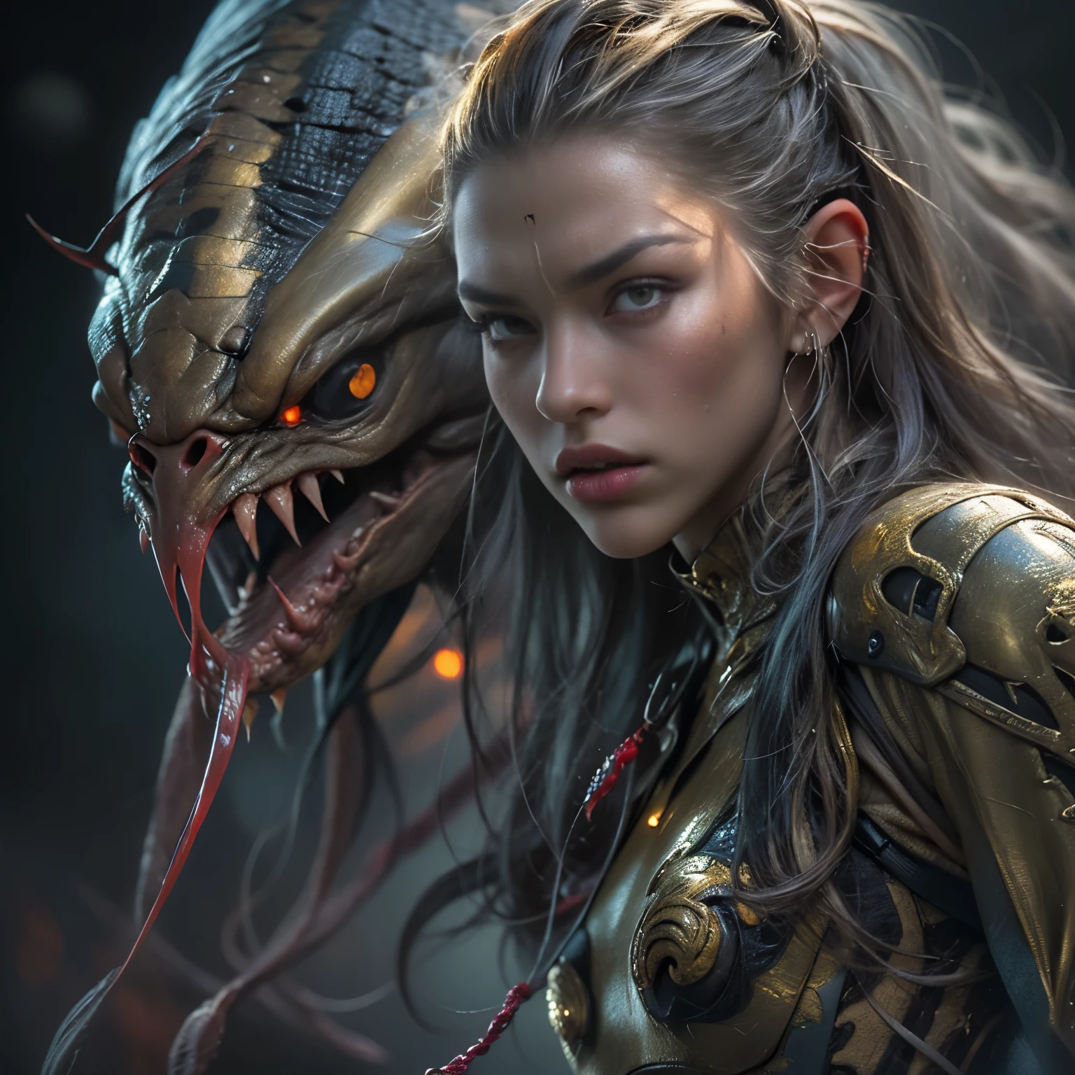 1 female alien, The predator, (extremely beautiful:1.2), (intense gaze:1.4), (predator:1.1), long dark claws, (NSFW:1), nipples, thick eyebrows, (She has shining golden eyes:1.2), the most beautiful face in the universe, jet blue hair, symmetrical beautiful eyes, hyper detailed eyes,

A woman predator with an extremely beautiful face, her intense gaze fixed on her prey, a primal force that could not be denied.

(beautiful lean body:1.5), (muscular build:1.2), (prowling:1.3), (sleek movements:1.4)

Her beautiful body, muscular and toned, moved with sleek grace as she prowled, ready to strike at a moment's notice. The predator within her was always on,                                                                          
                                                                                                                                                               
 cinematic drawing of characters, ultra high quality model, cinematic quality, detail up, (Intricate details:1.2), High resolution, High Definition, drawing faithfully, Official art, Unity 8K wall , 8K Portrait, Best Quality, Very High resolution, ultra detailed artistic photography,