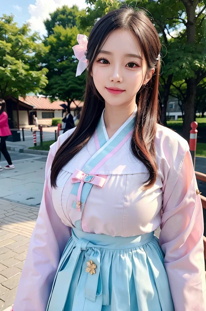 1girl, (masterpiece), (best quality), high quality, highres, (row photo), (realistic, photorealistic:1.3), perfect body, upper body, kpop idol, upper body, {{{hanbok, korean clothes}}}, huge breasts, 