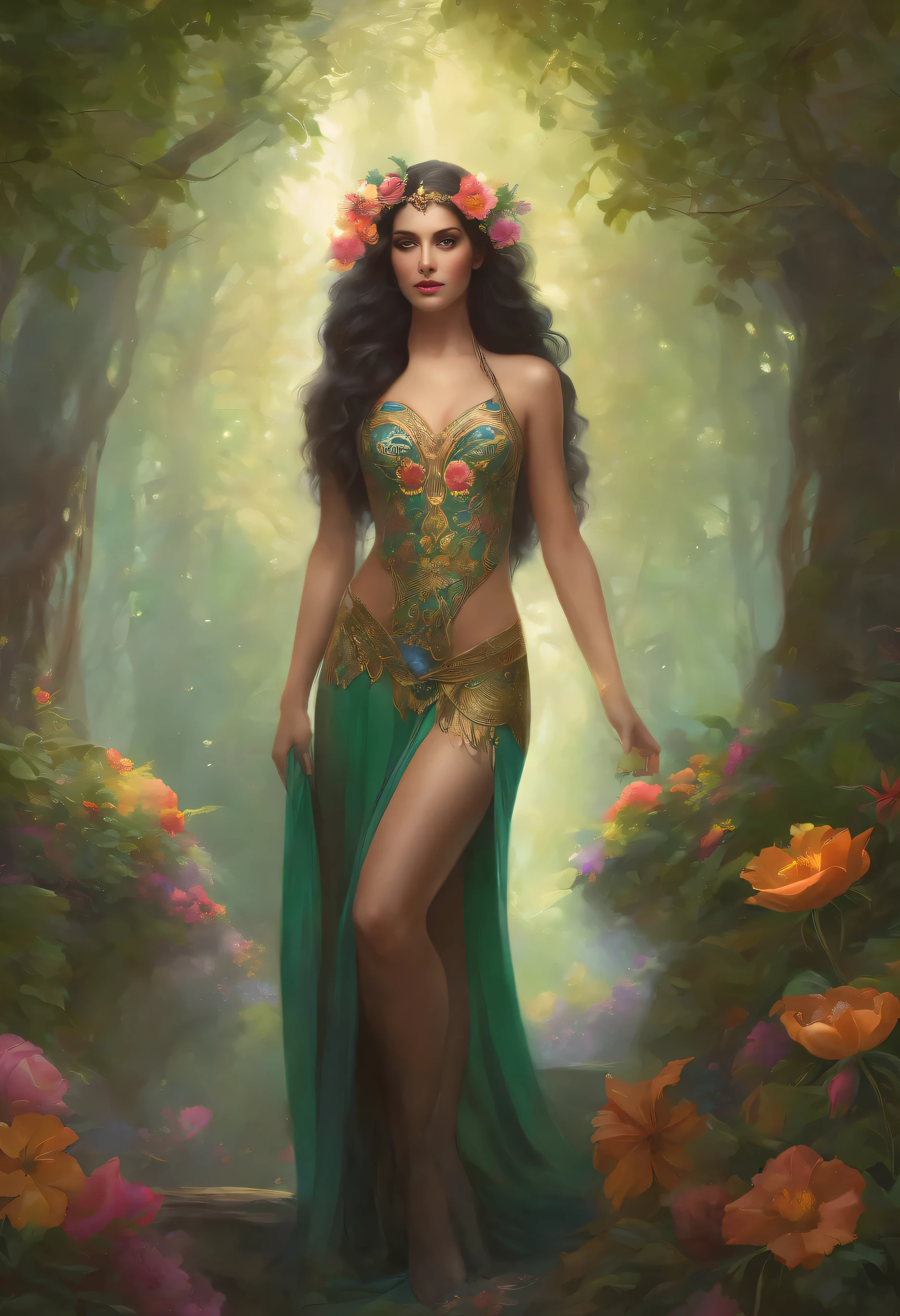 lisa frank art color, cuerpo completo, full body, senos grandes, nalgas grandes, mujer, multicolored long hair, multicolored aurora, art face by tom bagshaw, emile vernon style, fullbody dynamic movement pose, beautiful woman with long hair, gold jewellery, oil painting, fantasy, intricate, intricate stunning highly detailed girl by artgerm and edouard bisson, beautiful elegant, fantasy, flowers, forest, highly detailed, digital airbrush, photorealistic, octane render, black hair, black lips, gothic, rapunzel cabellos largos, cabellos largos dorados, cabellos largos color oro, pelo largo, digital painting, soft skin wide eyes watercolor, style, sketch, watercolor paiting, watercolor artist, portrait of a girl, vintage cartoon, ghibli, artgerm, wlop, alphonse mucha dynamic lighting hyperdetailed intricately detailed splash art trending on artstation triadic colors unreal engine 5 volumetric lighting, Transparent clothing, slight smile,, open legs, view of pubic hair, 1 sexy girl in transparent forest clothes,exposed breasts, open transparent t-shirt,mandala and flower tattoos, La mejor calidad,