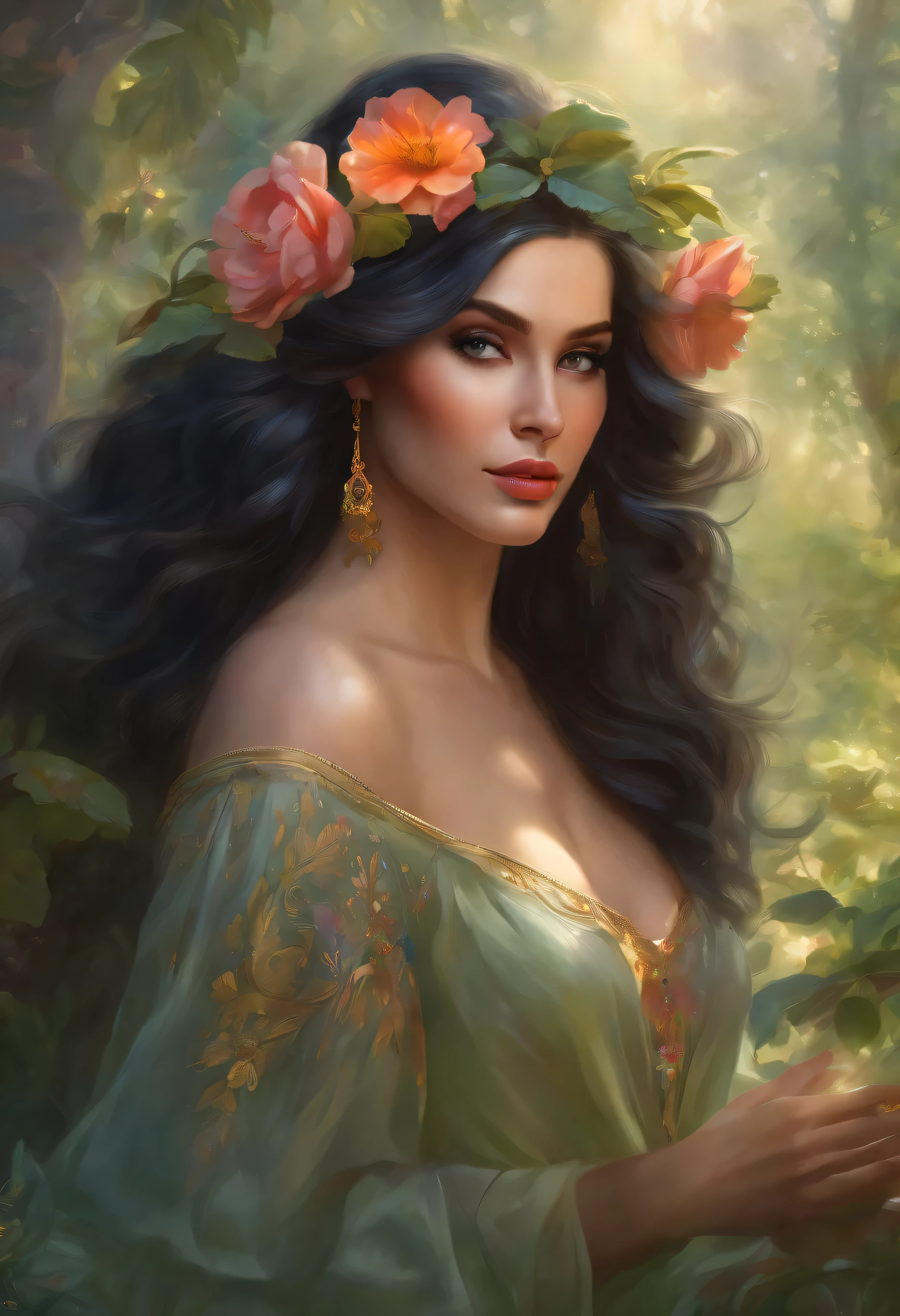 lisa frank art color, cuerpo completo, full body, senos grandes, nalgas grandes, mujer, multicolored long hair, multicolored aurora, art face by tom bagshaw, emile vernon style, fullbody dynamic movement pose, beautiful woman with long hair, gold jewellery, oil painting, fantasy, intricate, intricate stunning highly detailed girl by artgerm and edouard bisson, beautiful elegant, fantasy, flowers, forest, highly detailed, digital airbrush, photorealistic, octane render, black hair, black lips, gothic, rapunzel cabellos largos, cabellos largos dorados, cabellos largos color oro, pelo largo, digital painting, soft skin wide eyes watercolor, style, sketch, watercolor paiting, watercolor artist, portrait of a girl, vintage cartoon, ghibli, artgerm, wlop, alphonse mucha dynamic lighting hyperdetailed intricately detailed splash art trending on artstation triadic colors unreal engine 5 volumetric lighting, Transparent clothing, slight smile,, open legs, view of pubic hair, 1 sexy girl in transparent forest clothes,exposed breasts, open transparent t-shirt,mandala and flower tattoos, La mejor calidad,